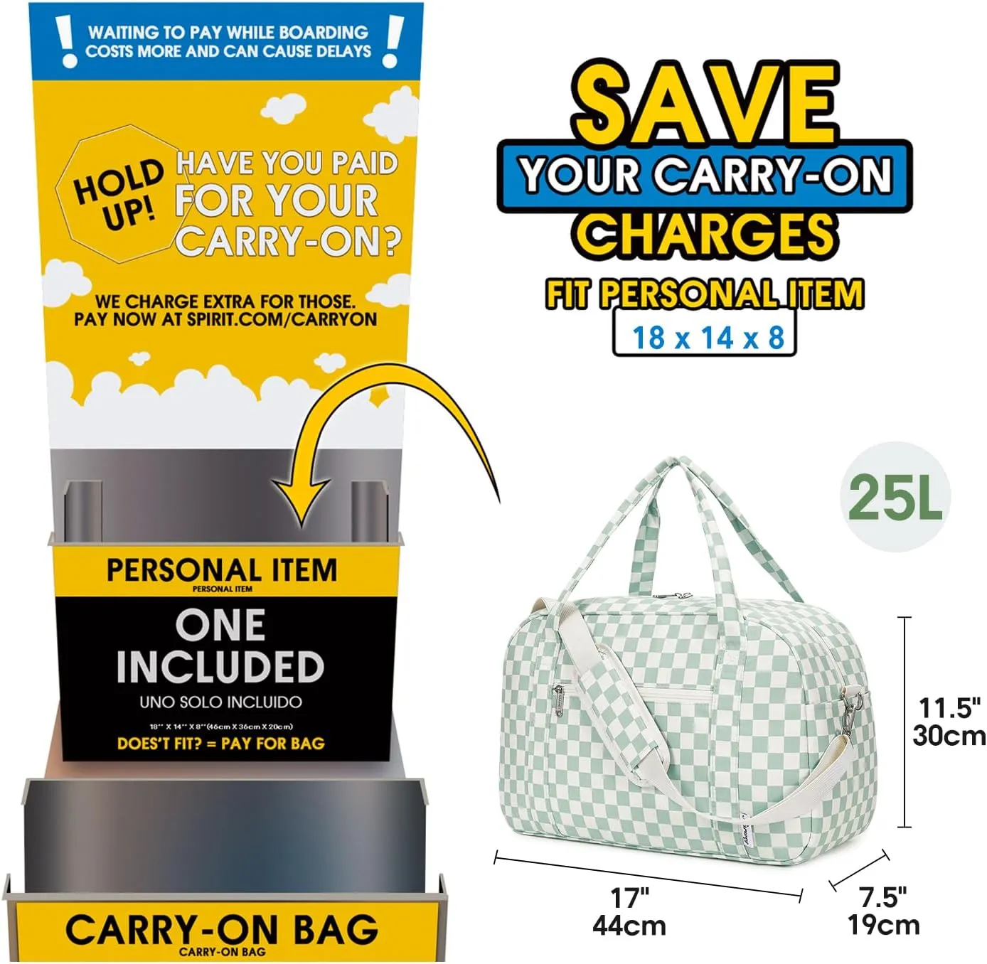 Narwey 18" Carry on Bag Underseat for Airplane with Wet Pocket Spirit Airlines Personal Item Bag Travel Duffel Bag Small Gym Bag Weekender Overnight for Women and Men (Mint Green Checkerboard)