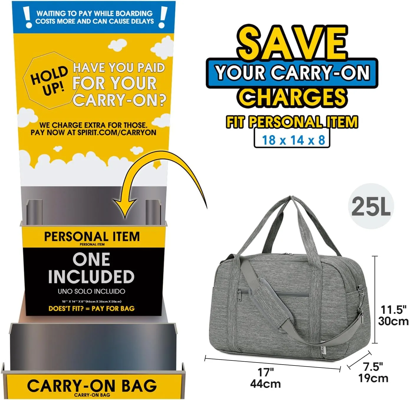 Narwey 18" Carry on Bag Underseat Luggage for Airplane Spirit Airlines Personal Item Bag Travel Duffel Bag Small Gym Bag Weekender Overnight Bag with Wet Pocket for Women and Men (Grey)