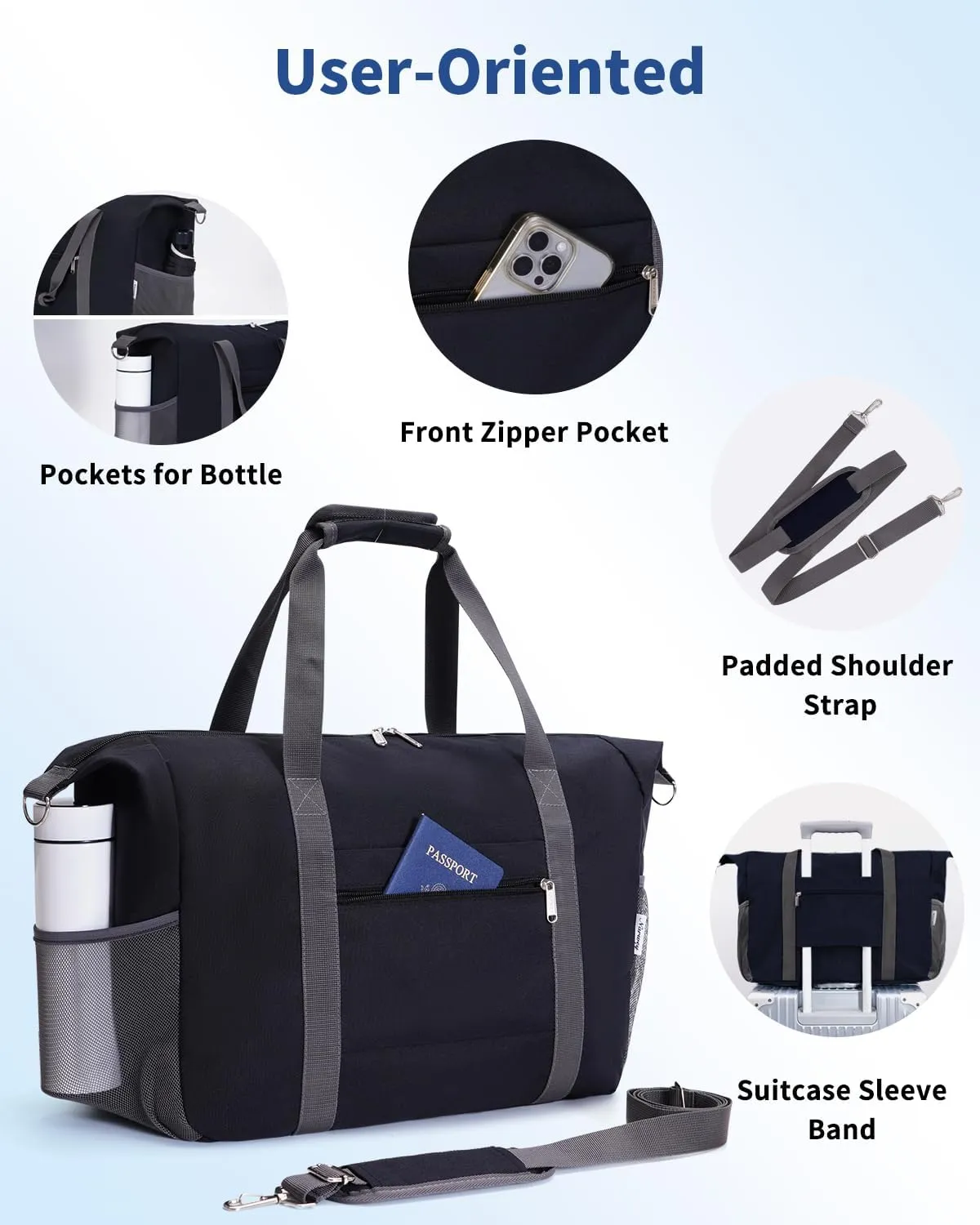 Narwey 18x14x8 Inches Travel Bag Spirit Airlines Frontier Personal Item Bag, Travel Duffel With Wet Pocket Carry on Bag for Airplane Underseat Duffle Overnight for Women and Men (Black)