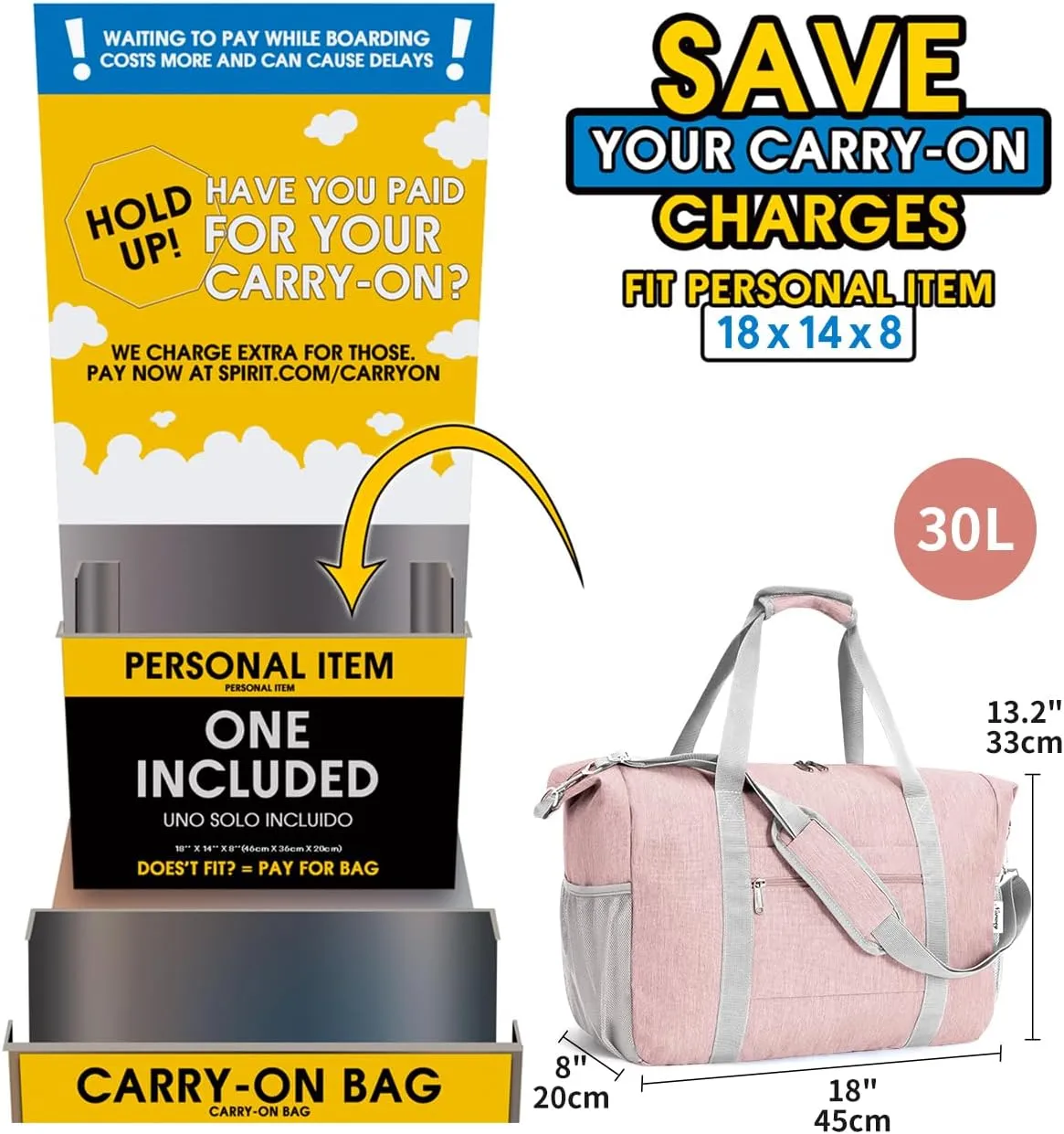 Narwey 18x14x8 Inches Travel Bag Spirit Airlines Frontier Personal Item Bag, Travel Duffel With Wet Pocket Carry on Bag for Airplane Underseat Duffle Overnight for Women and Men (Pink)