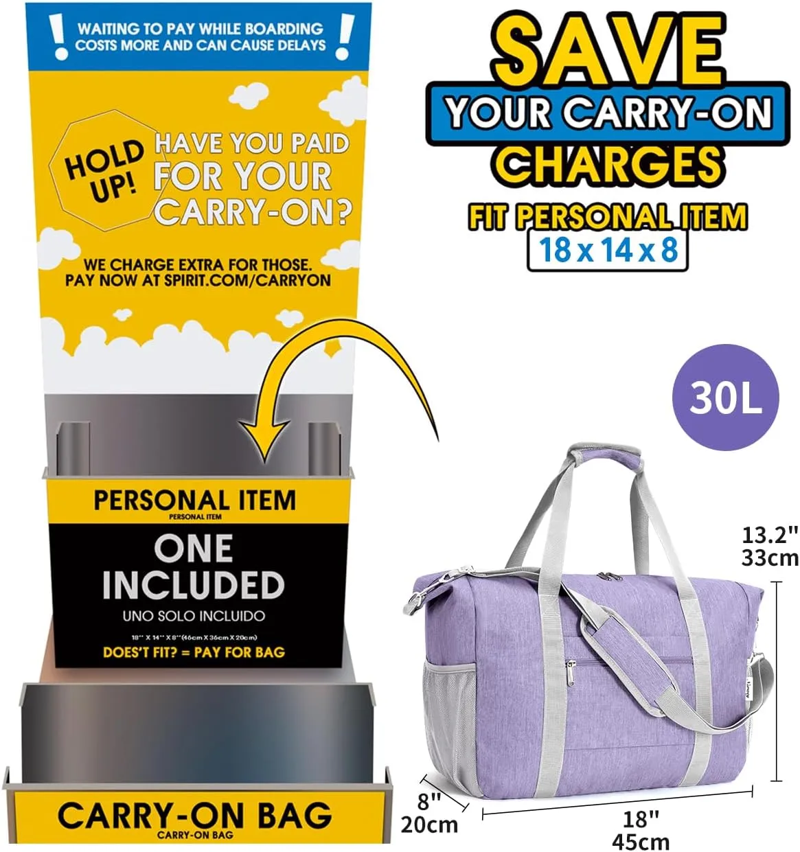Narwey 18x14x8 Inches Travel Bag Spirit Airlines Frontier Personal Item Bag, Travel Duffel With Wet Pocket Carry on Bag for Airplane Underseat Duffle Overnight for Women and Men (Purple)