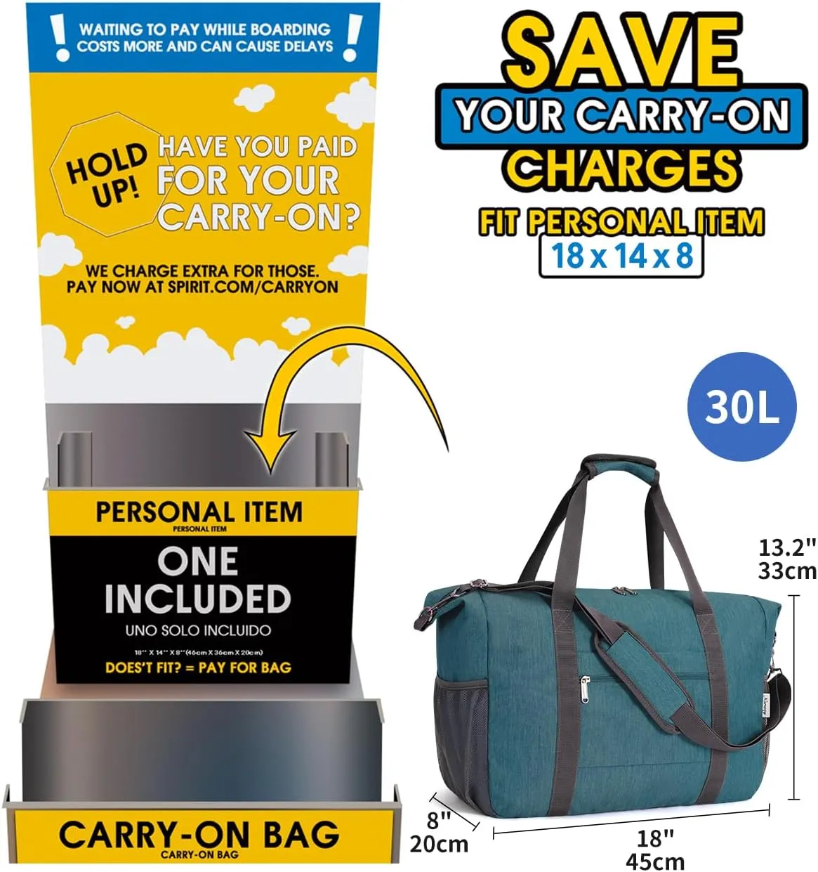 Narwey 18x14x8 Inches Travel Bag Spirit Airlines Frontier Personal Item, Travel Duffel With Wet Pocket Carry on Bag for Airplane Underseat Duffle Overnight for Women and Men (Teal)