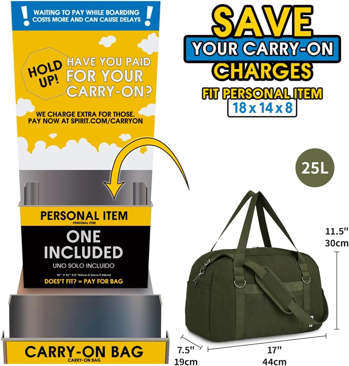 Narwey For Spirit Airlines Personal Item Bag 18x14x8, Small Duffle Bag for Travel Duffel for Traveling, Carry on Bag for Airplanes Underseat Overnight for Women and Men (Army Green)
