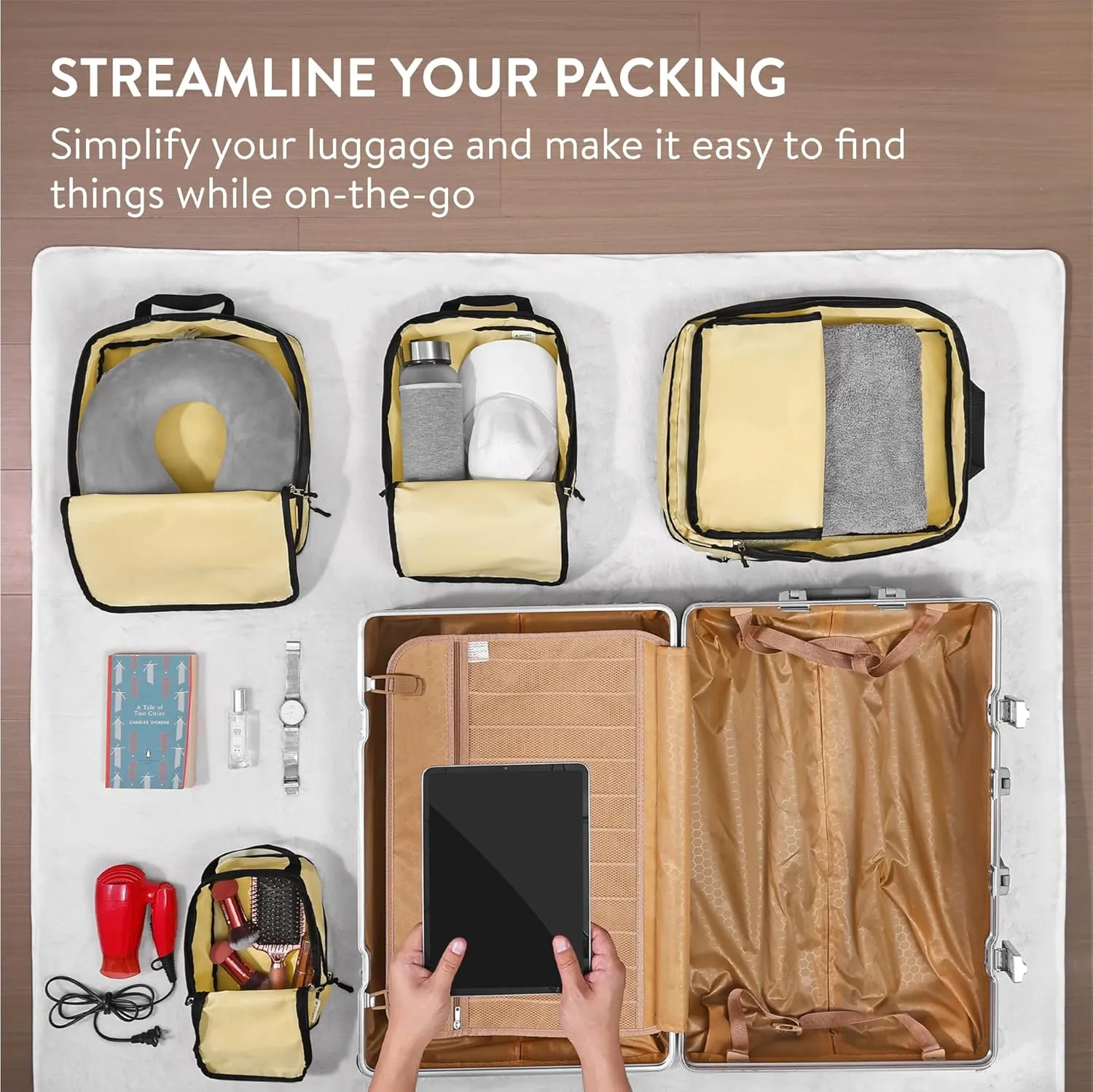 Navaris Compression Packing Cubes Set of 4 Sizes - Compressible Travel Bags for Packing - Lightweight Compression Travel Organizer - Suitcase Carry On Luggage Backpacks - Beige