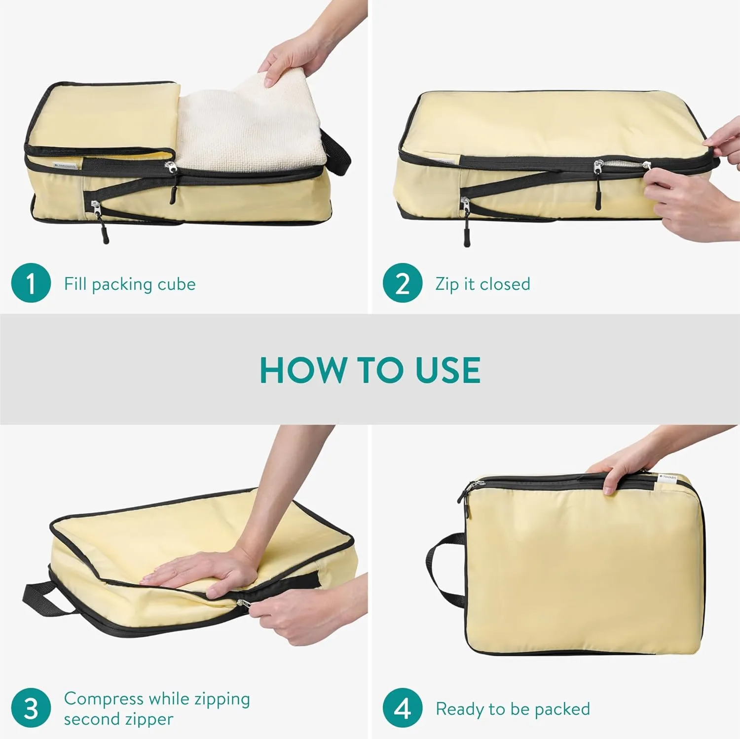 Navaris Compression Packing Cubes Set of 4 Sizes - Compressible Travel Bags for Packing - Lightweight Compression Travel Organizer - Suitcase Carry On Luggage Backpacks - Beige
