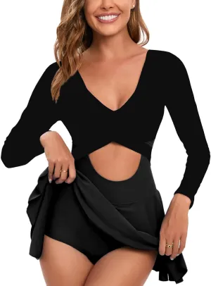 NESY Long Sleeve Swimsuits for Women Rash Guard V Neck One Piece Bathing Suit Swim Dress Woman Swimwear Swimdress UPF 50 