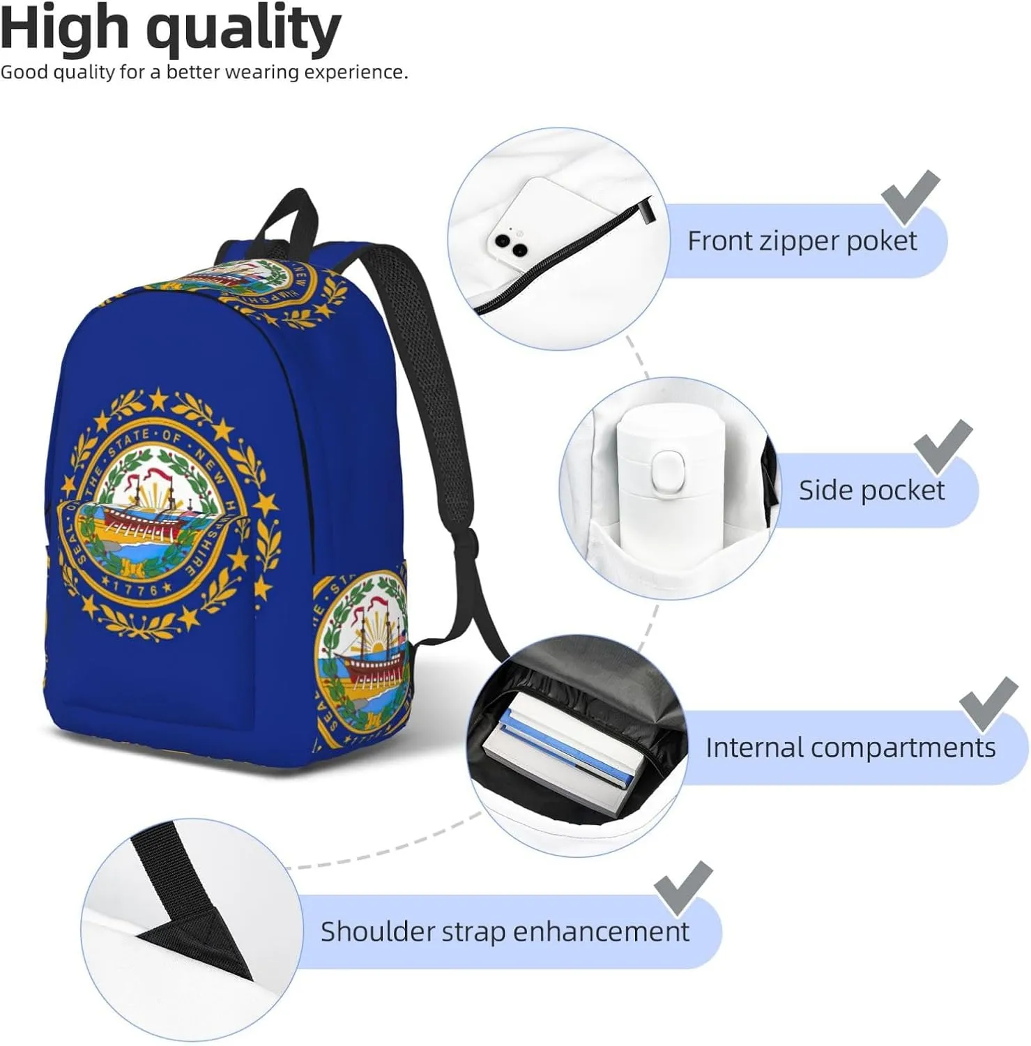 New Hampshire state flag print Backpack Travel Backpacks for Women Men College Backpack Computer Bag for Travel