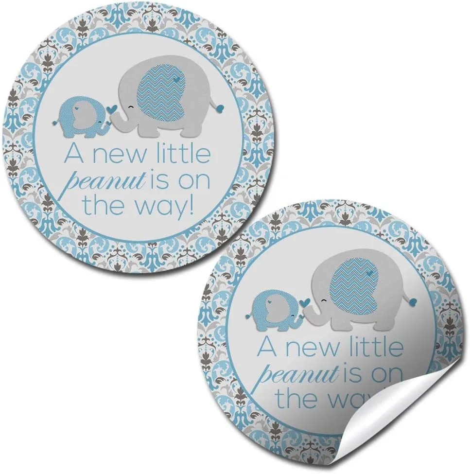 New Little Peanut Elephant-Themed Boy Baby Sprinkle Baby Shower Thank You Sticker Labels, 40 2" Party Circle Stickers by AmandaCreation, Great for Party Favors, Envelope Seals & Goodie Bags