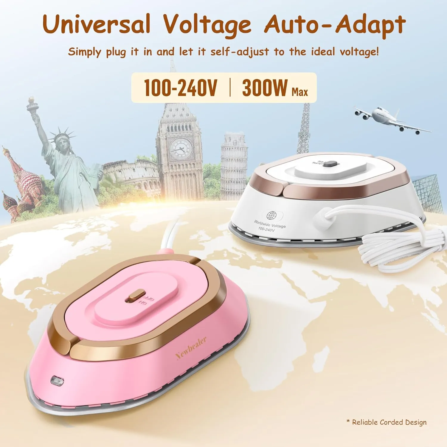 Newbealer Travel Iron with Global Voltage, 100-240V Mini Dry Iron for Clothes (No Steam), Max 300W, 60s Heat Up, 302℉ Non-Stick Ceramic Soleplate, 0.8lbs Ultra-Lightweight (Gold)