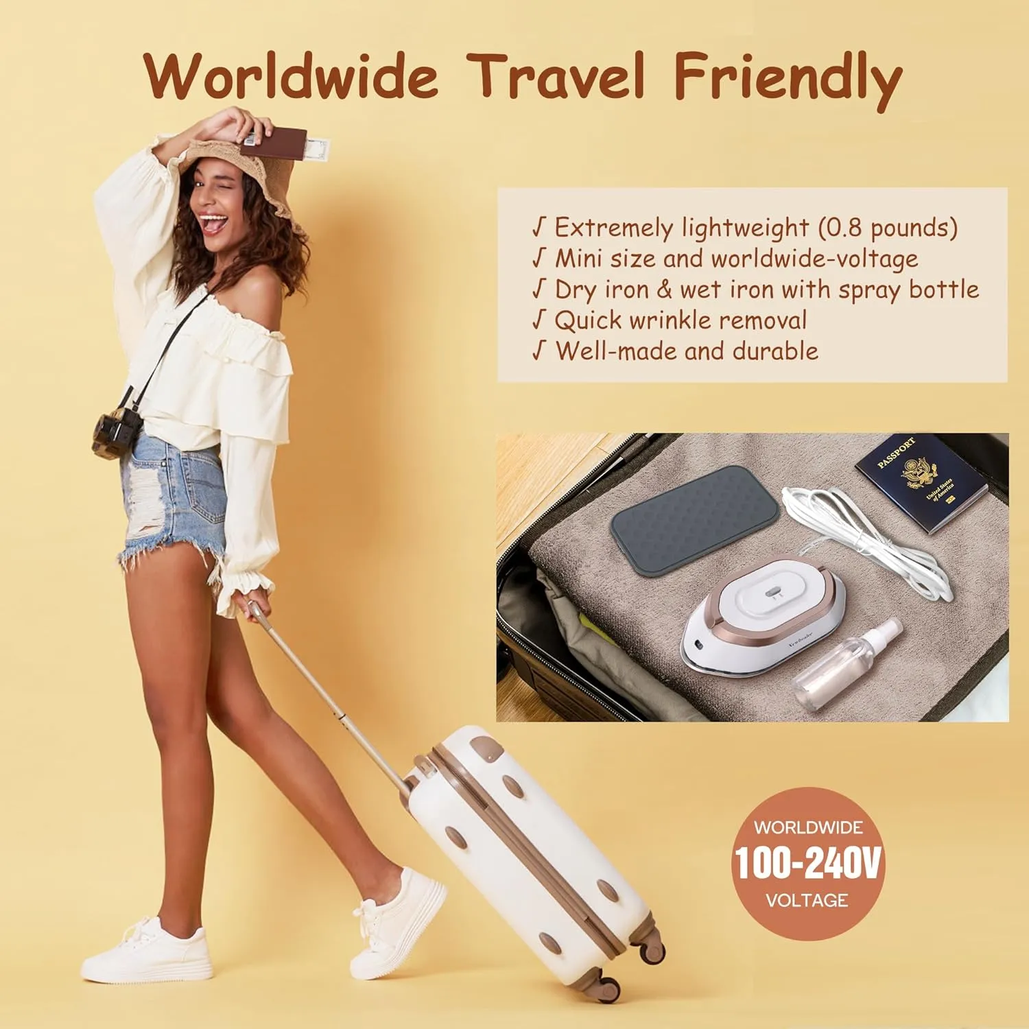 Newbealer Travel Iron with Global Voltage, 100-240V Mini Dry Iron for Clothes (No Steam), Max 300W, 60s Heat Up, 302℉ Non-Stick Ceramic Soleplate, 0.8lbs Ultra-Lightweight (Gold)