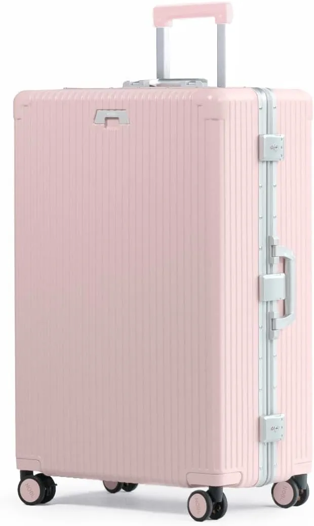 Nobl Travel Zipperless Check In Suitcase - Aluminum Frame, Check in luggage 30.25x20x12 Airline Approved by Noble Travel - Unbreakable Polycarbonate Shell - Dual TSA Locks, 360° Spinner Wheels - Pink