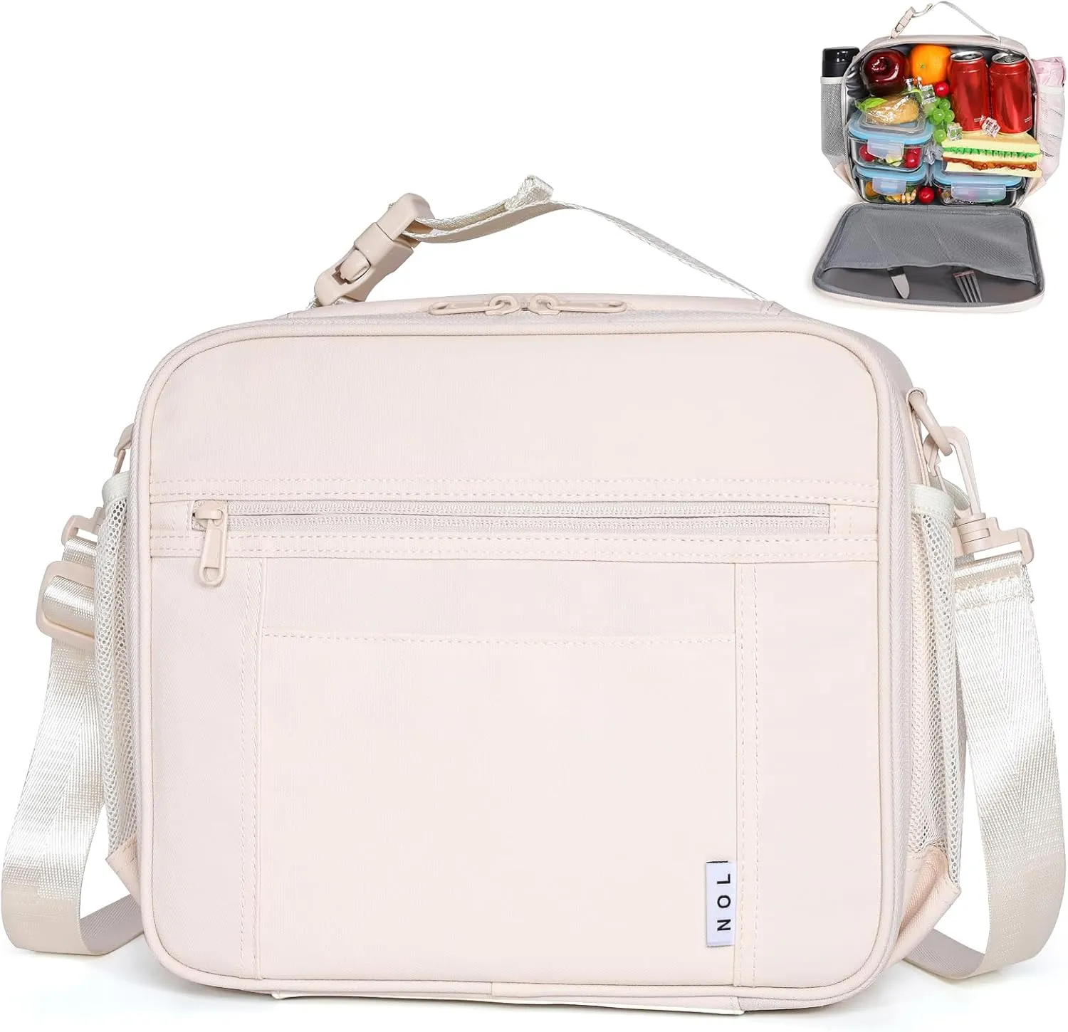 NOL Kids Lunch Bag - Kids 3  Reusable Insulated Lunch Box with Zipper Closure Buckle Handle Adjustable Long Shoulder Strap, Easy-Clean Waterproof Fabric, Children Lunch Tote Bag for School -Cream