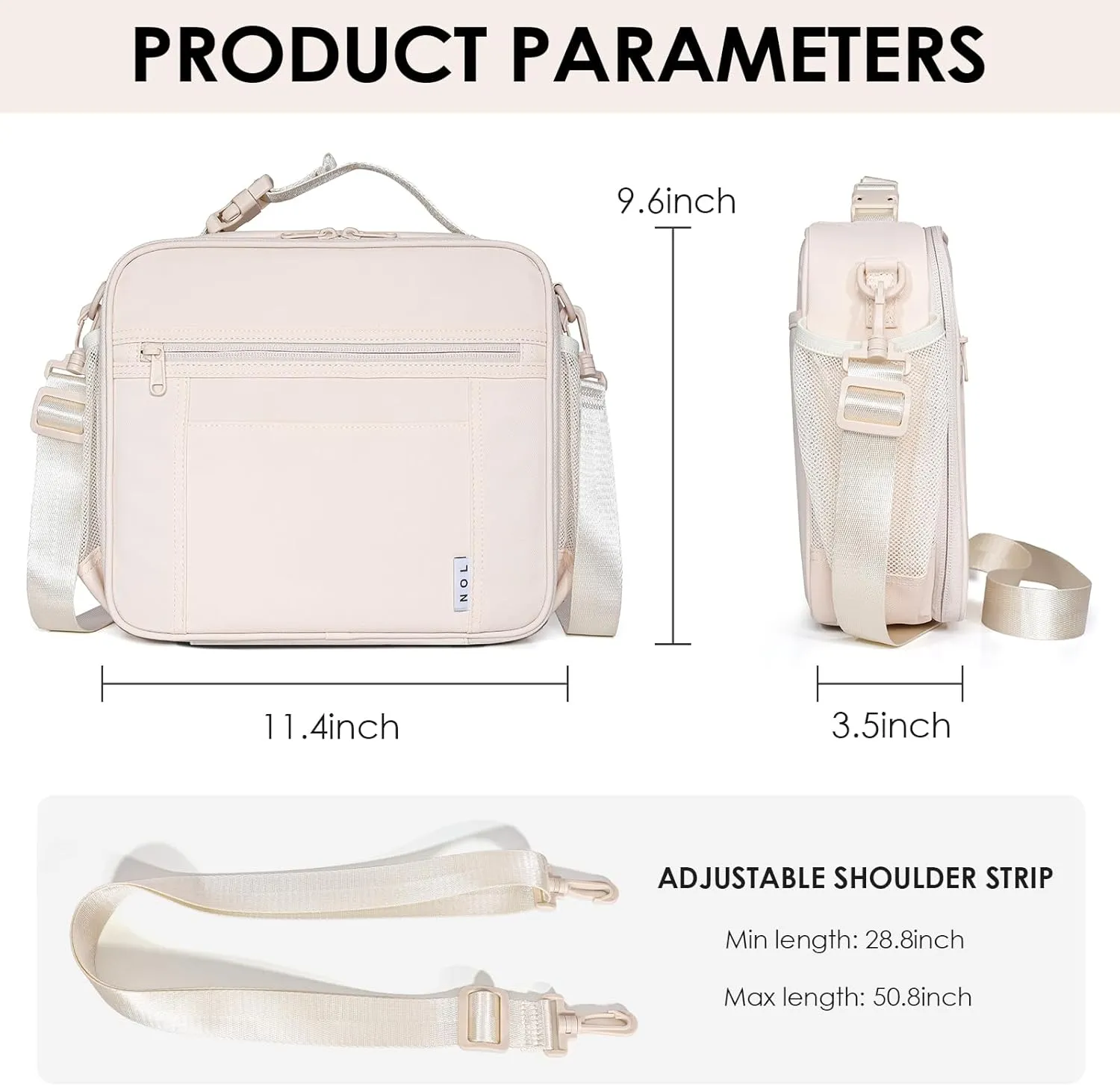 NOL Kids Lunch Bag - Kids 3  Reusable Insulated Lunch Box with Zipper Closure Buckle Handle Adjustable Long Shoulder Strap, Easy-Clean Waterproof Fabric, Children Lunch Tote Bag for School -Cream
