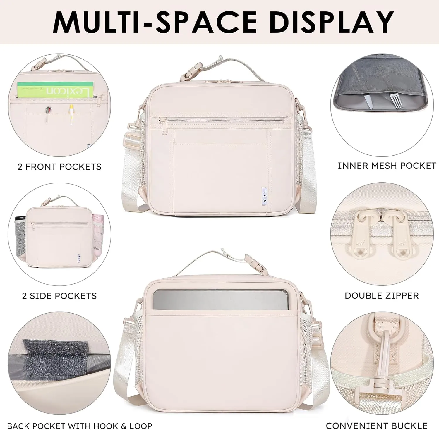 NOL Kids Lunch Bag - Kids 3  Reusable Insulated Lunch Box with Zipper Closure Buckle Handle Adjustable Long Shoulder Strap, Easy-Clean Waterproof Fabric, Children Lunch Tote Bag for School -Cream