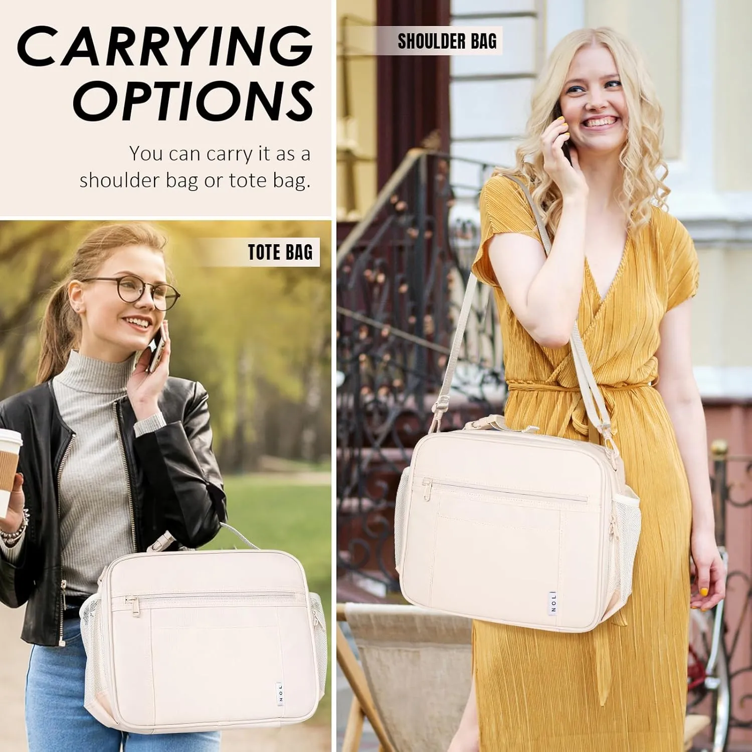 NOL Kids Lunch Bag - Kids 3  Reusable Insulated Lunch Box with Zipper Closure Buckle Handle Adjustable Long Shoulder Strap, Easy-Clean Waterproof Fabric, Children Lunch Tote Bag for School -Cream