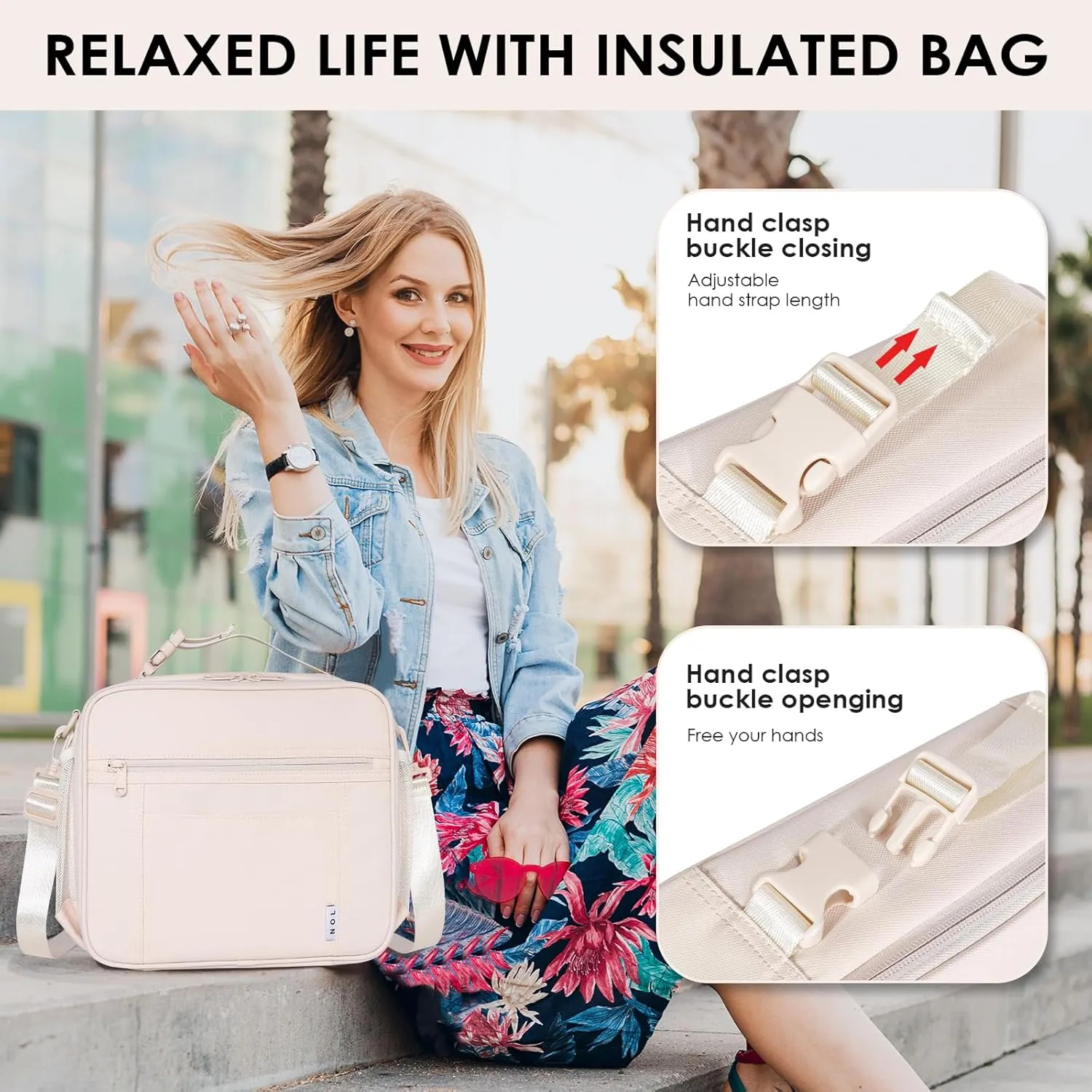 NOL Kids Lunch Bag - Kids 3  Reusable Insulated Lunch Box with Zipper Closure Buckle Handle Adjustable Long Shoulder Strap, Easy-Clean Waterproof Fabric, Children Lunch Tote Bag for School -Cream