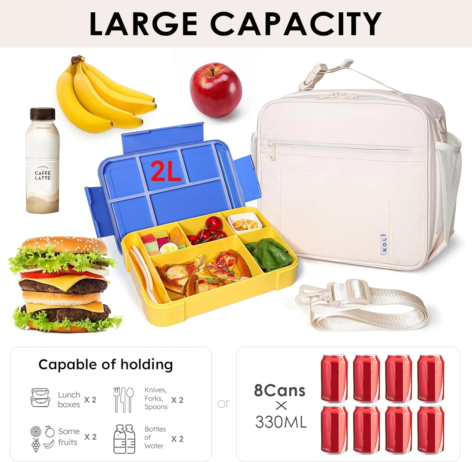 NOL Kids Lunch Bag - Kids 3  Reusable Insulated Lunch Box with Zipper Closure Buckle Handle Adjustable Long Shoulder Strap, Easy-Clean Waterproof Fabric, Children Lunch Tote Bag for School -Cream
