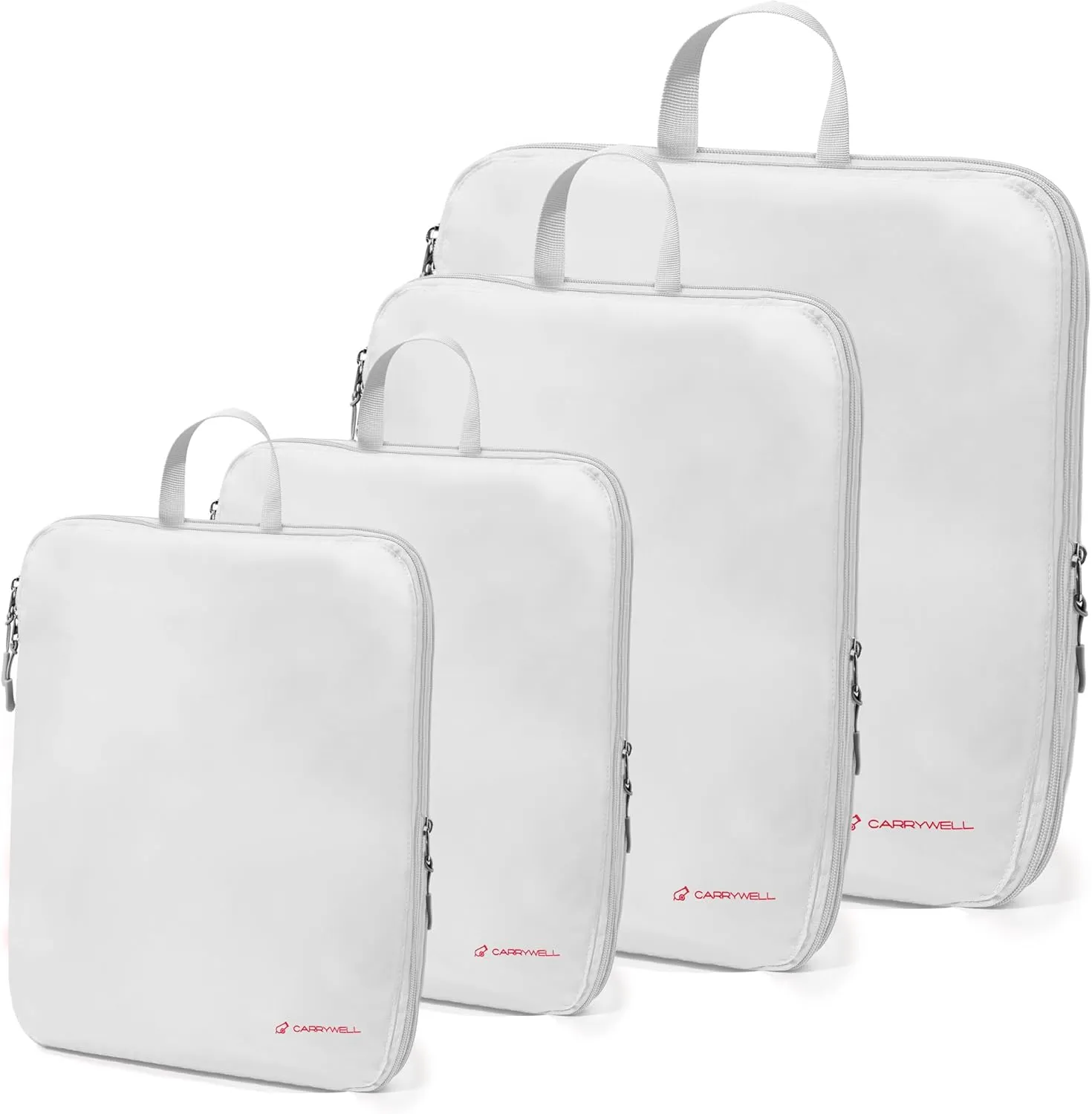 (Not Made In China) Compression Packing Cubes For Travel 4pc Set, Suitcase and Luggage Organizer Bags, Lightweight, Durable (White)