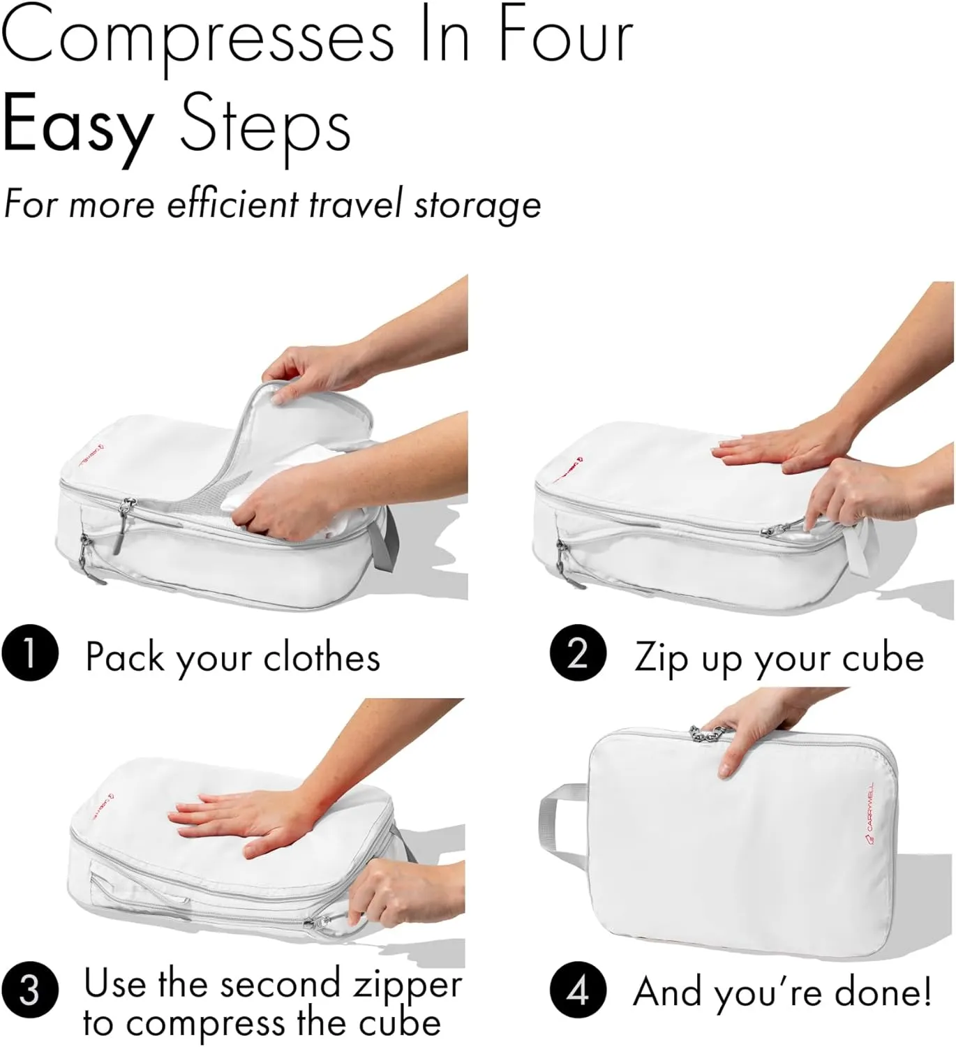 (Not Made In China) Compression Packing Cubes For Travel 4pc Set, Suitcase and Luggage Organizer Bags, Lightweight, Durable (White)