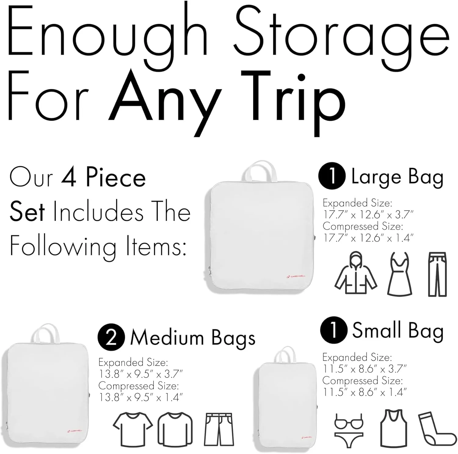 (Not Made In China) Compression Packing Cubes For Travel 4pc Set, Suitcase and Luggage Organizer Bags, Lightweight, Durable (White)