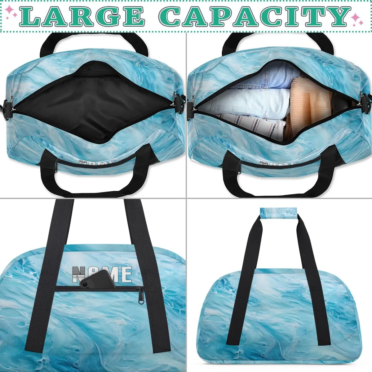 Ocean Waves Summer Kids Overnight Bags Personalized Weekender Travel Duffle Bag for Teens,Boys Gym Carry On Maletas Para Niños,Customized Gymnastics Dance Ballet Tote for Girls
