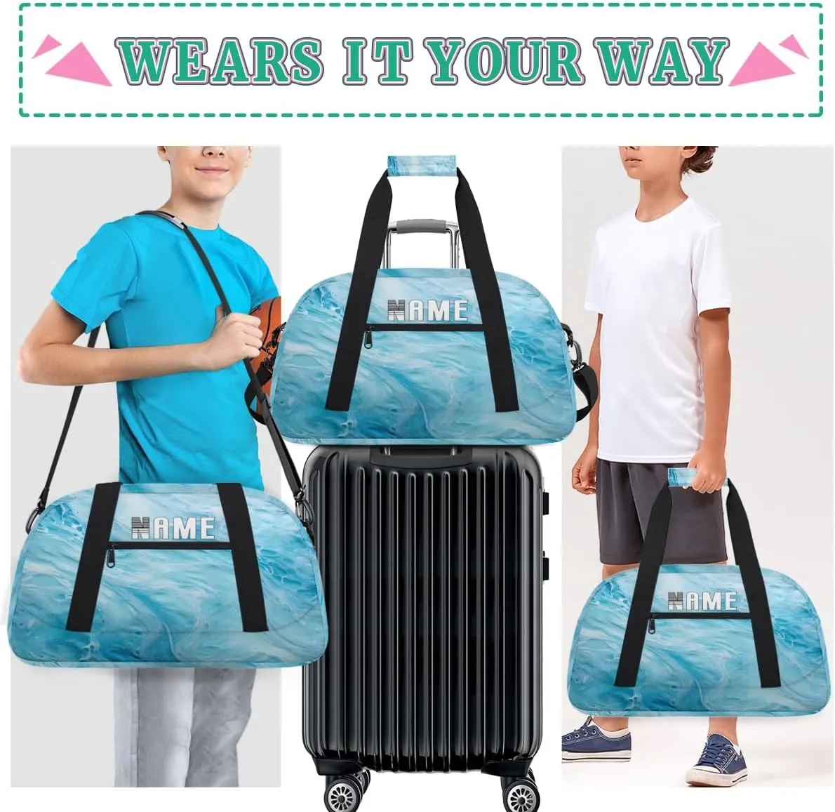 Ocean Waves Summer Kids Overnight Bags Personalized Weekender Travel Duffle Bag for Teens,Boys Gym Carry On Maletas Para Niños,Customized Gymnastics Dance Ballet Tote for Girls