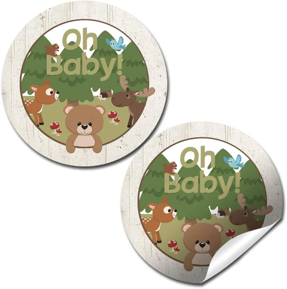 Oh Baby Animal Wildlife Woodland-Themed Baby Sprinkle Baby Shower Thank You Sticker Labels, 40 2" Party Circle Stickers by AmandaCreation, Great for Party Favors, Envelope Seals & Goodie Bags