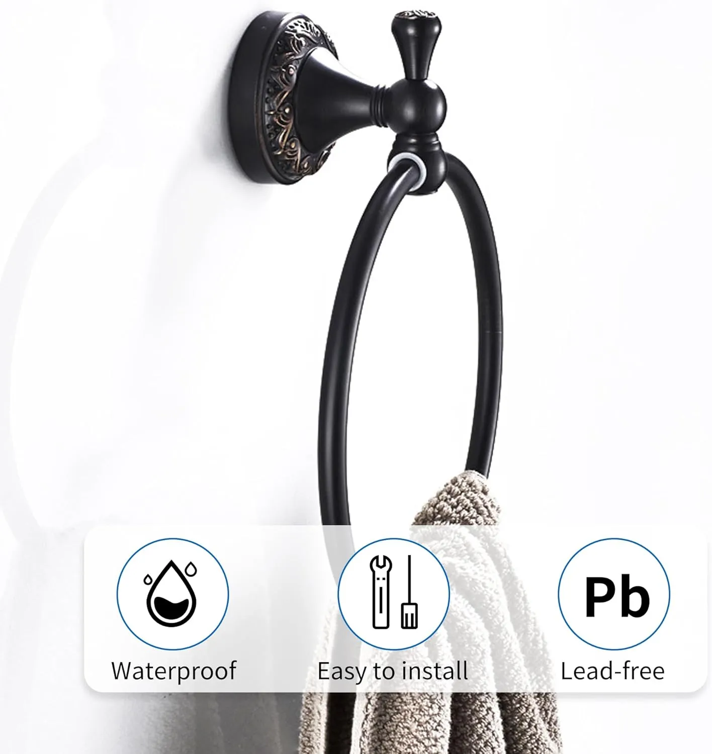 Oil Rubble Bronze Brass Bath Towel Ring, Wall Mounted Black Bathroom Hardware Accessories, Pattern Carving Design