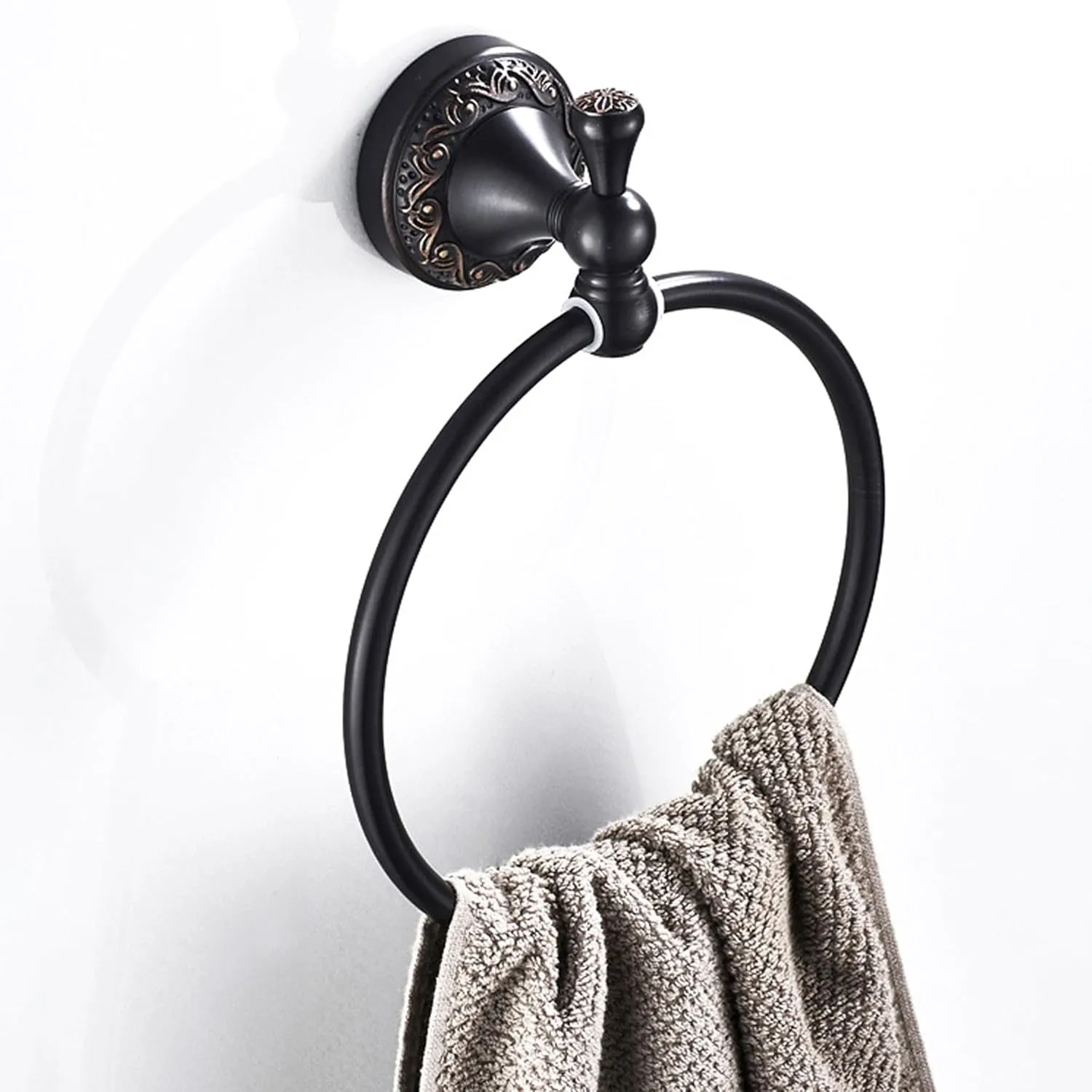 Oil Rubble Bronze Brass Bath Towel Ring, Wall Mounted Black Bathroom Hardware Accessories, Pattern Carving Design
