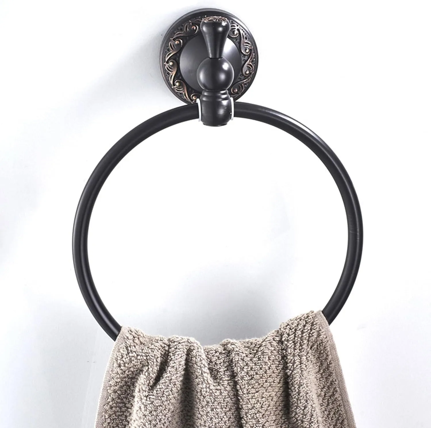 Oil Rubble Bronze Brass Bath Towel Ring, Wall Mounted Black Bathroom Hardware Accessories, Pattern Carving Design