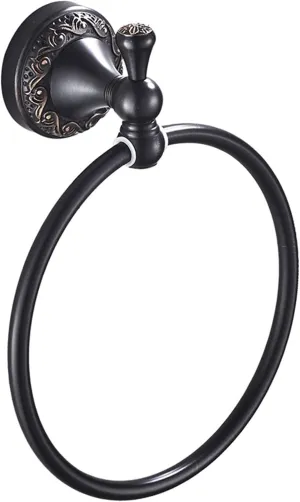 Oil Rubble Bronze Brass Bath Towel Ring, Wall Mounted Black Bathroom Hardware Accessories, Pattern Carving Design