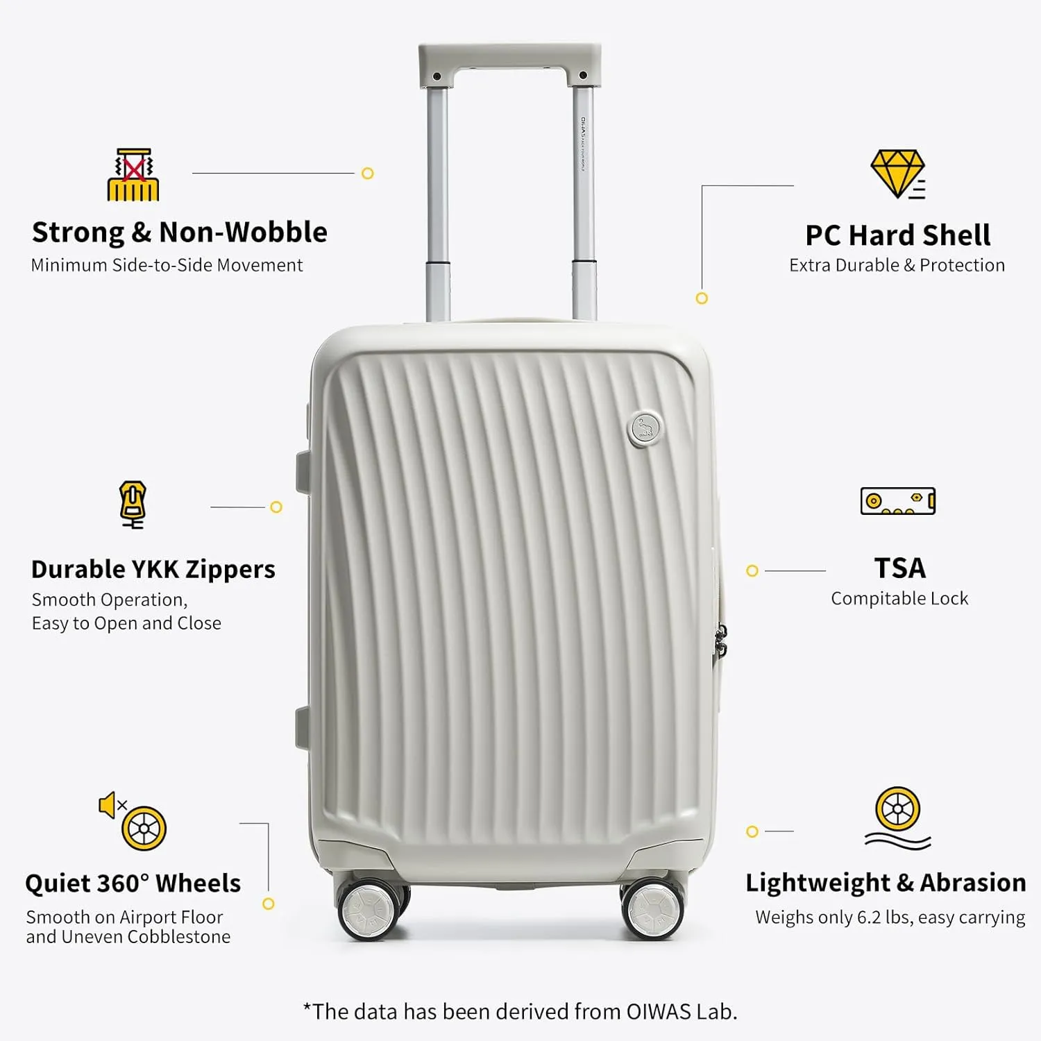 OIWAS 20 Inch Carry On Luggage, Hard Shell Suitcases with 8 Spinner Wheel, TSA Lock, Waterproof Compartment and Smooth Zippers, Lightweight Travel Luggage Airline Approved for Short Trip, White
