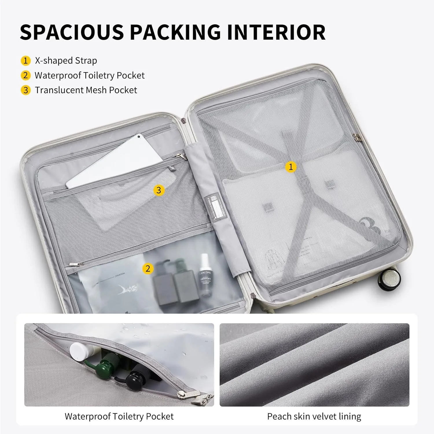 OIWAS 20 Inch Carry On Luggage, Hard Shell Suitcases with 8 Spinner Wheel, TSA Lock, Waterproof Compartment and Smooth Zippers, Lightweight Travel Luggage Airline Approved for Short Trip, White