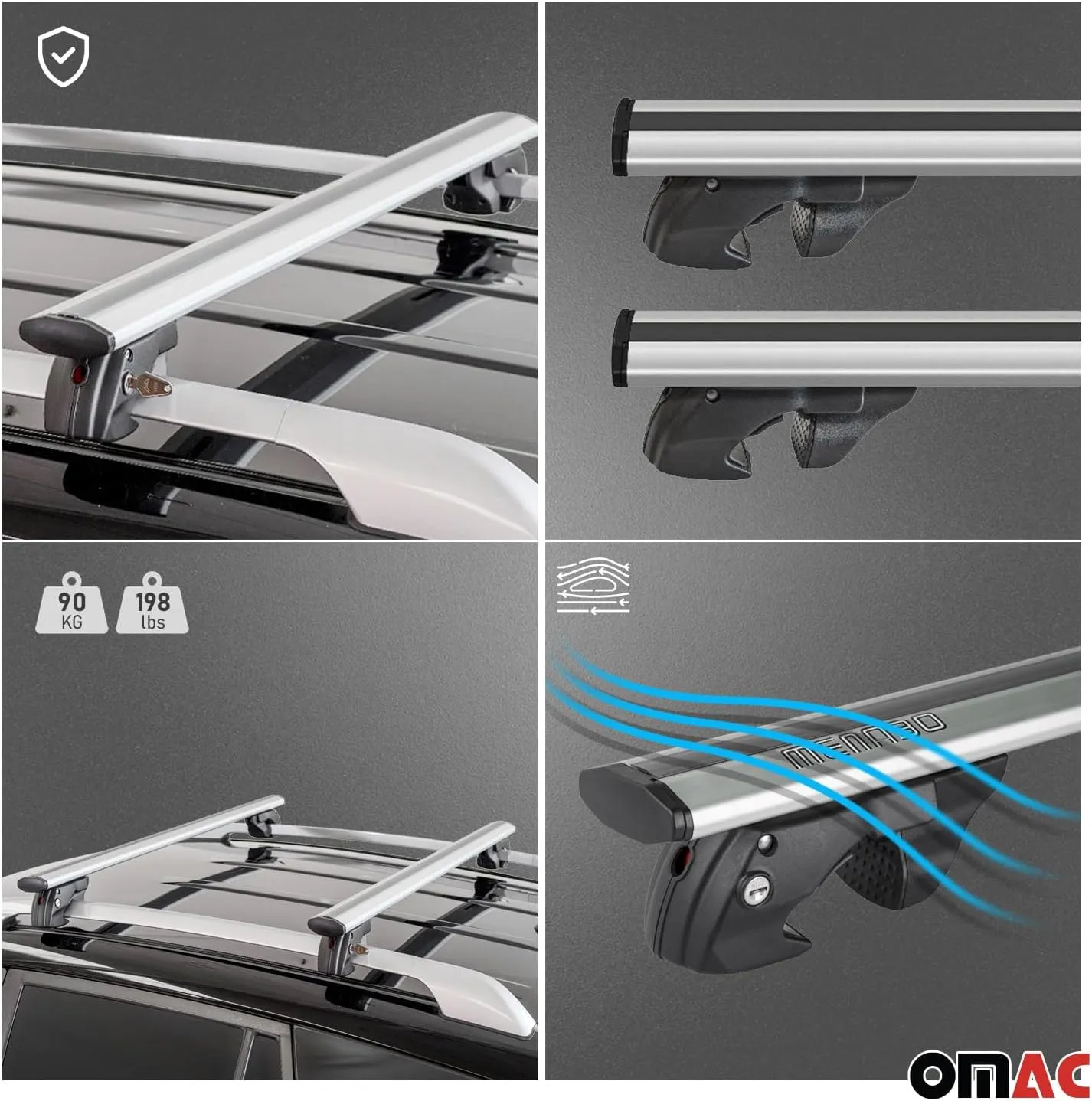 OMAC Aluminium Roof Racks Cross Bars Carrier for Chrysler Town & Country 2001-2004 Gray 2 Pcs Anti-Theft for Travel Kayak Canoe Surf Ski Snowboard Camping