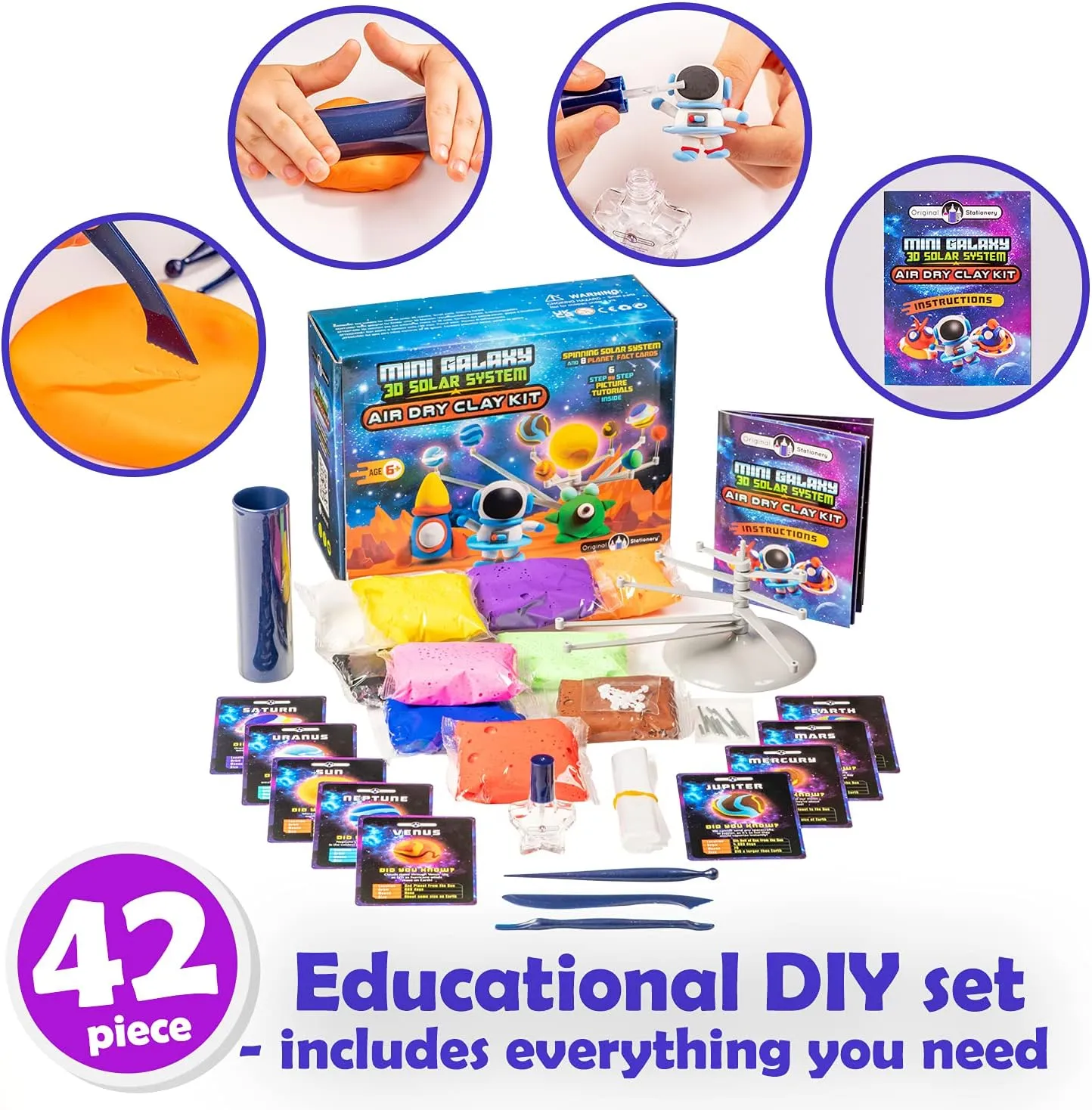 Original Stationery Mini Galaxy 3D Solar System Air Dry Clay Kit, 10 Bags of Air Dry Clay for Kids, 8 Fact Cards, Tools and More