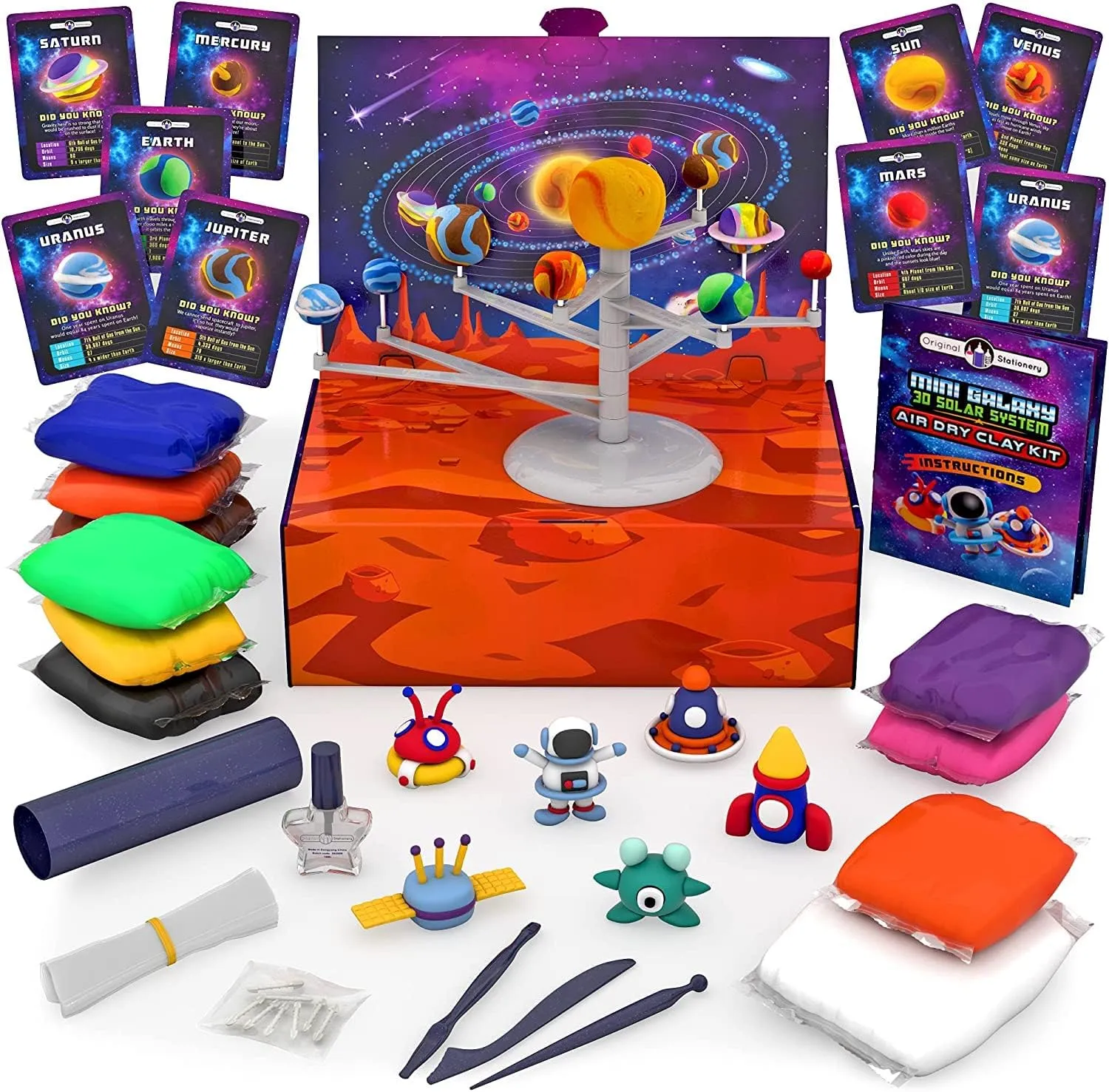 Original Stationery Mini Galaxy 3D Solar System Air Dry Clay Kit, 10 Bags of Air Dry Clay for Kids, 8 Fact Cards, Tools and More