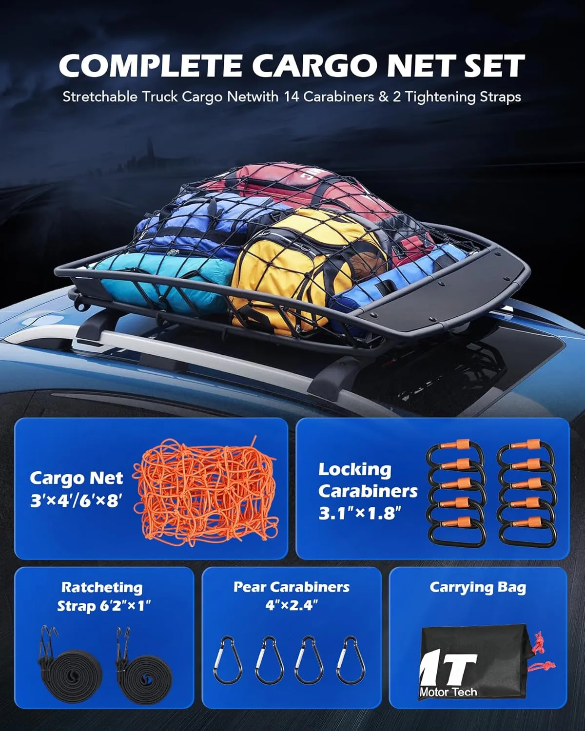 Orion Motor Tech Small Cargo Net, 3'x4' Cargo Net for Roof Rack with 4"x4" Small Mesh, 6'x8' Max Size Truck Bed Net with Locking Carabiners, Straps, Automotive Cargo Net (3 x 4 ft., Orange)