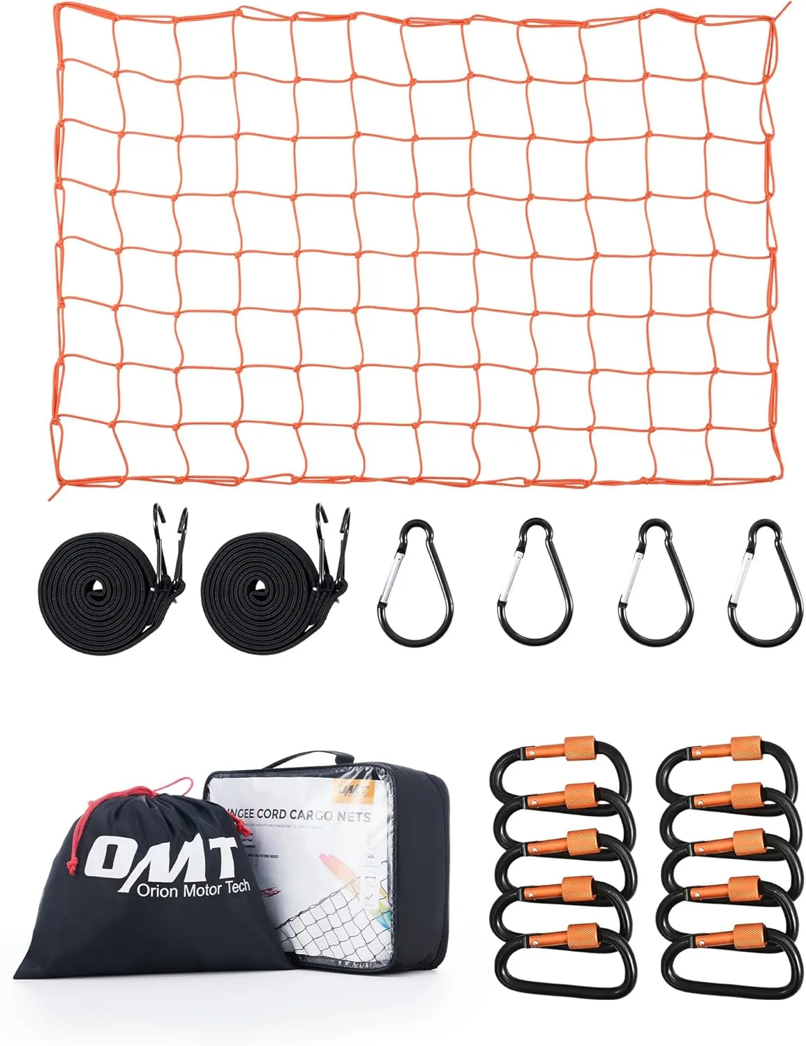 Orion Motor Tech Small Cargo Net, 3'x4' Cargo Net for Roof Rack with 4"x4" Small Mesh, 6'x8' Max Size Truck Bed Net with Locking Carabiners, Straps, Automotive Cargo Net (3 x 4 ft., Orange)