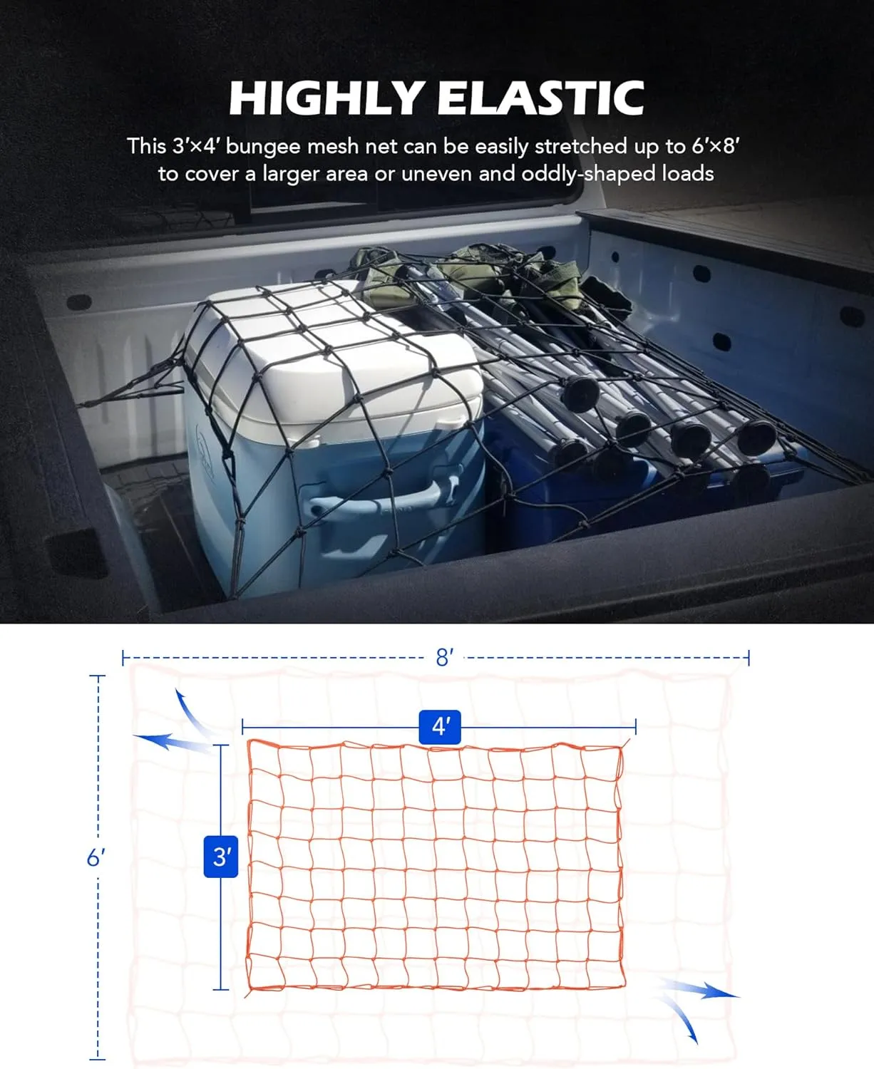 Orion Motor Tech Small Cargo Net, 3'x4' Cargo Net for Roof Rack with 4"x4" Small Mesh, 6'x8' Max Size Truck Bed Net with Locking Carabiners, Straps, Automotive Cargo Net (3 x 4 ft., Orange)