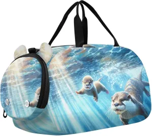 Otter Family Watercolor Duffle Bag for Girl, Sports Duffle Gym Bags with Shoe Compartment, Personalized Overnight Bag Travel Weekender for Kids