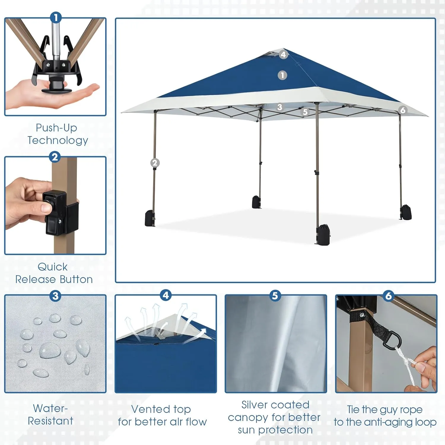 OUTDOOR LIVING SUNTIME 13x13 Instant Easy Pop Up Canopy,Portable Commercial Gazebo Camping Gazebo Tent Shelter with Wheeled Roller Carry Bag, Bonus Weight Sandbags, Stakes, Ropes - Navy