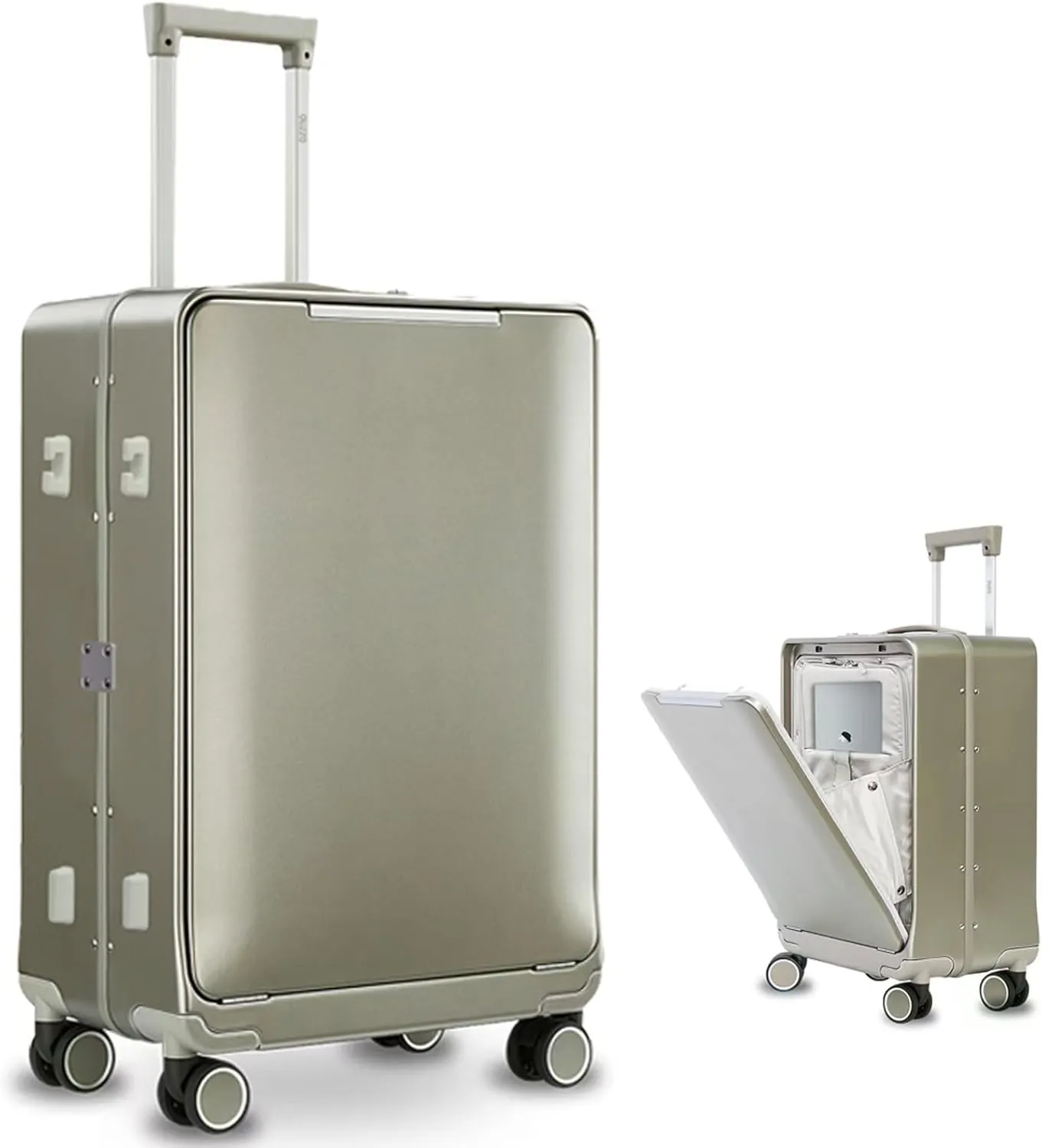 OUZZO Luggage,20-inch Carry-on Luggage with Aluminum Frame, Carry On Luggage with Front Pocket, Wheeled Soft Handle, TSA Approved Lock,Hardshell Suitcase,Sliver