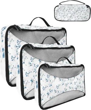 Packing Cubes for Travel, 4 Set Travel Packing Organized Cubes Floral Plants Watercolor Hand Painted Style Blue Waterproof Luggage Organizer with Laundry Bag Travel Accessories for Carry On Suitcases