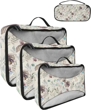 Packing Cubes for Travel, 4 Set Travel Packing Organized Cubes Flower Leaves Retro Watercolor Floral Linen Waterproof Luggage Organizer with Laundry Bag Travel Accessories for Carry On Suitcases