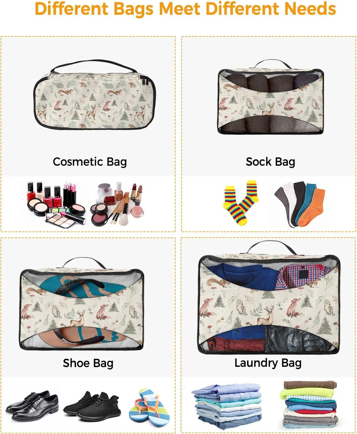 Packing Cubes for Travel, 4 Set Travel Packing Organized Cubes Retro Christmas Elk Owl Fox Xmas Tree Mushroom Waterproof Luggage Organizer with Laundry Bag Travel Accessories for Carry On Suitcases