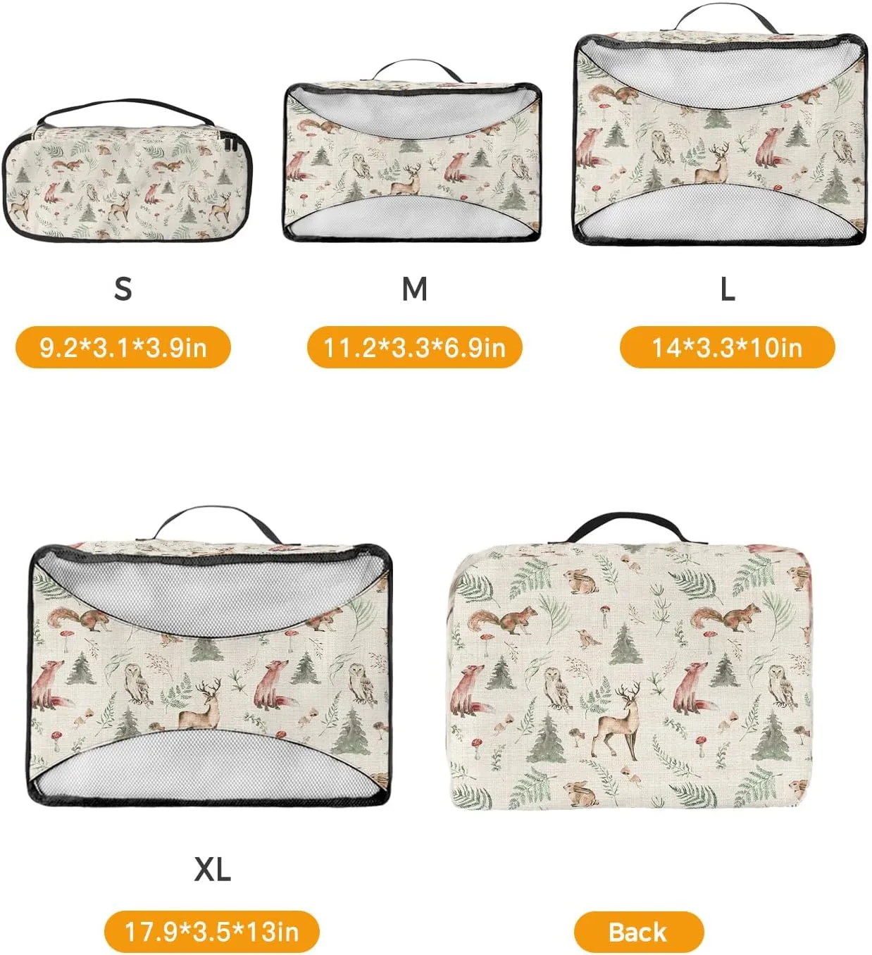Packing Cubes for Travel, 4 Set Travel Packing Organized Cubes Retro Christmas Elk Owl Fox Xmas Tree Mushroom Waterproof Luggage Organizer with Laundry Bag Travel Accessories for Carry On Suitcases
