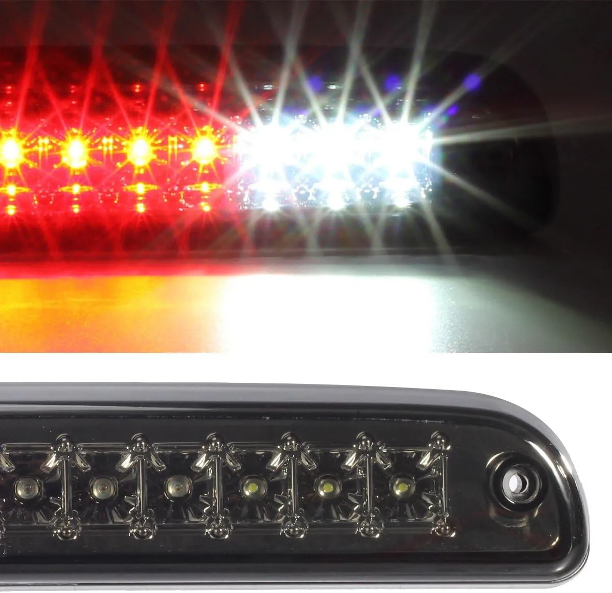 Partsam Red/White 12 LED Smoke Lens Chrome Housing Tail High Mount 3rd Third Brake Light Cargo Lamp Waterproof Replacement for Ford F-250 F-350 F-450 F-550 Super Duty 1999-2016 /Ford Ranger 1993-2011