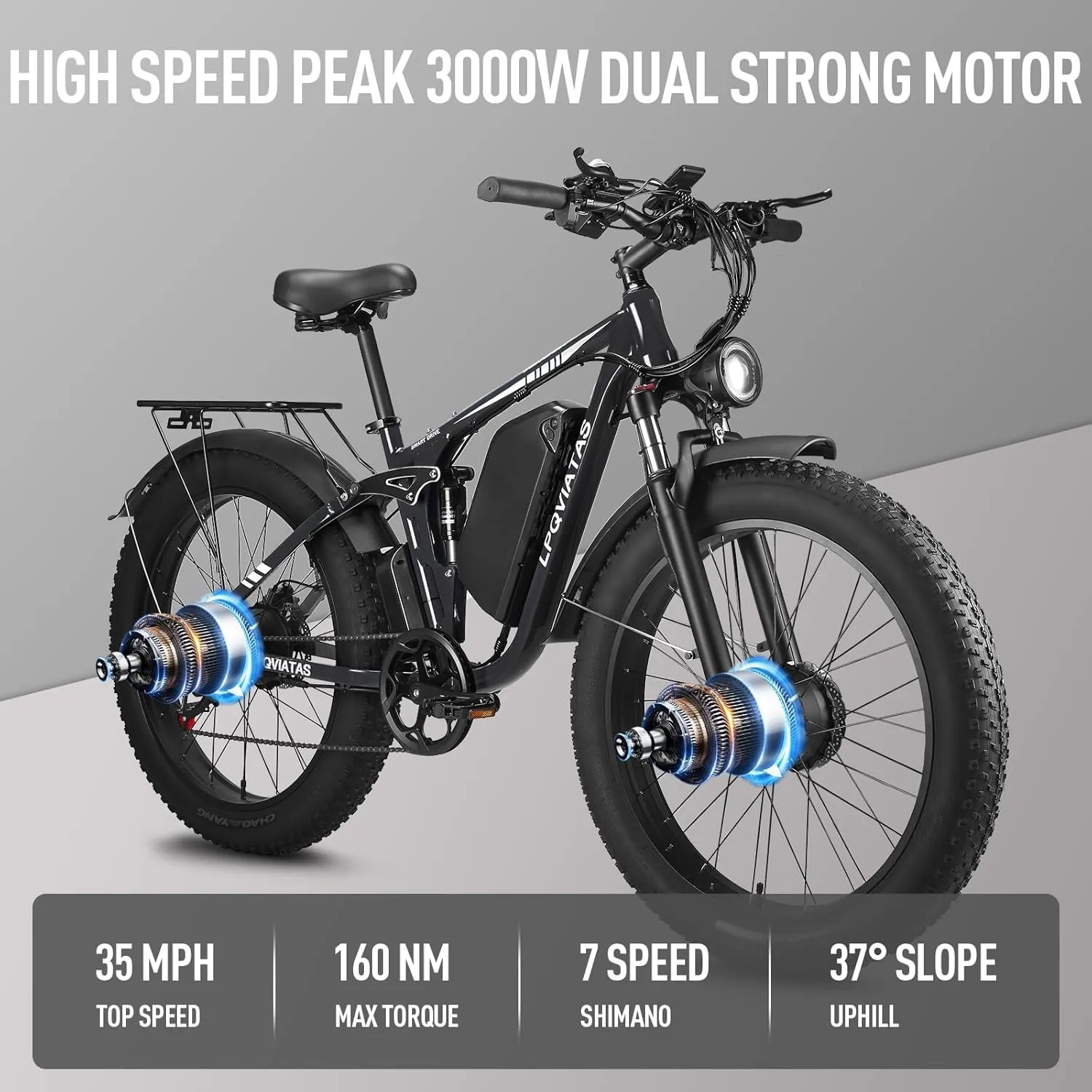 Peak 3000W/5000W Fat Tire Dual Motor Ebike 52V 23Ah/34Ah Battery,26"x4"/24”x4” Electric Mountain Bicycle for Adults Men 38MPH/46MPH Full Lockable Suspension Ebike 90 Miles/105 Mile Range（US Warehouse)