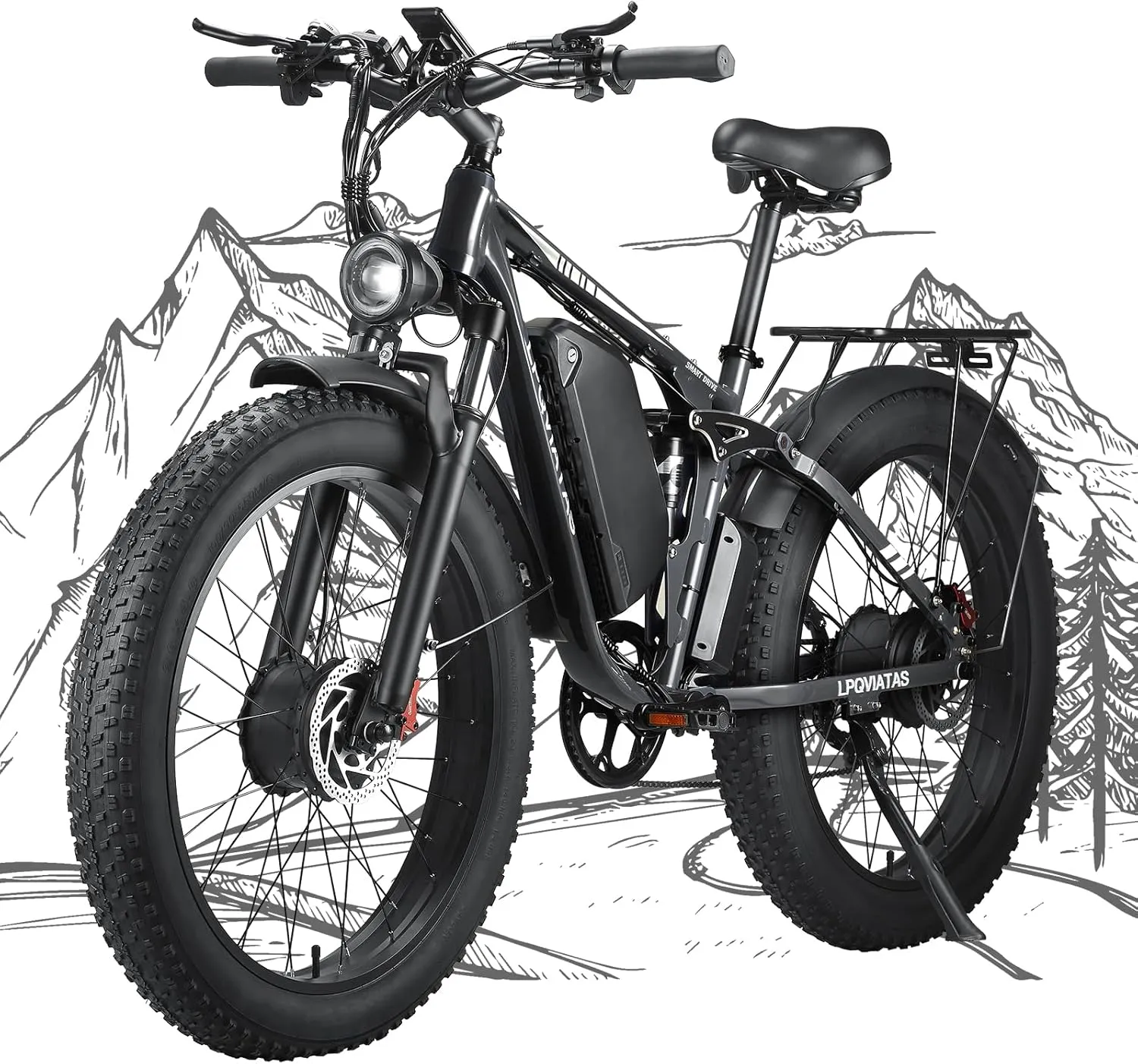 Peak 3000W/5000W Fat Tire Dual Motor Ebike 52V 23Ah/34Ah Battery,26"x4"/24”x4” Electric Mountain Bicycle for Adults Men 38MPH/46MPH Full Lockable Suspension Ebike 90 Miles/105 Mile Range（US Warehouse)