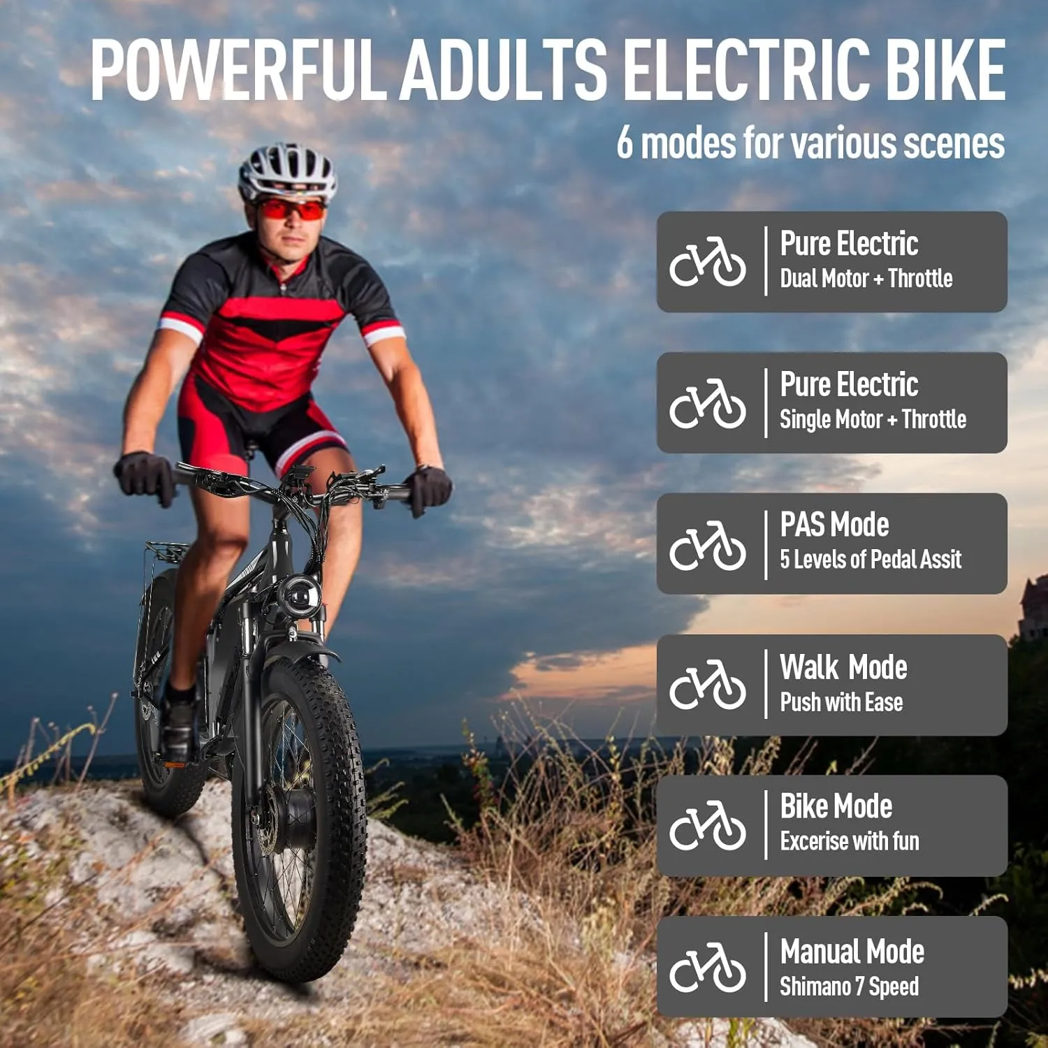 Peak 3000W/5000W Fat Tire Dual Motor Ebike 52V 23Ah/34Ah Battery,26"x4"/24”x4” Electric Mountain Bicycle for Adults Men 38MPH/46MPH Full Lockable Suspension Ebike 90 Miles/105 Mile Range（US Warehouse)